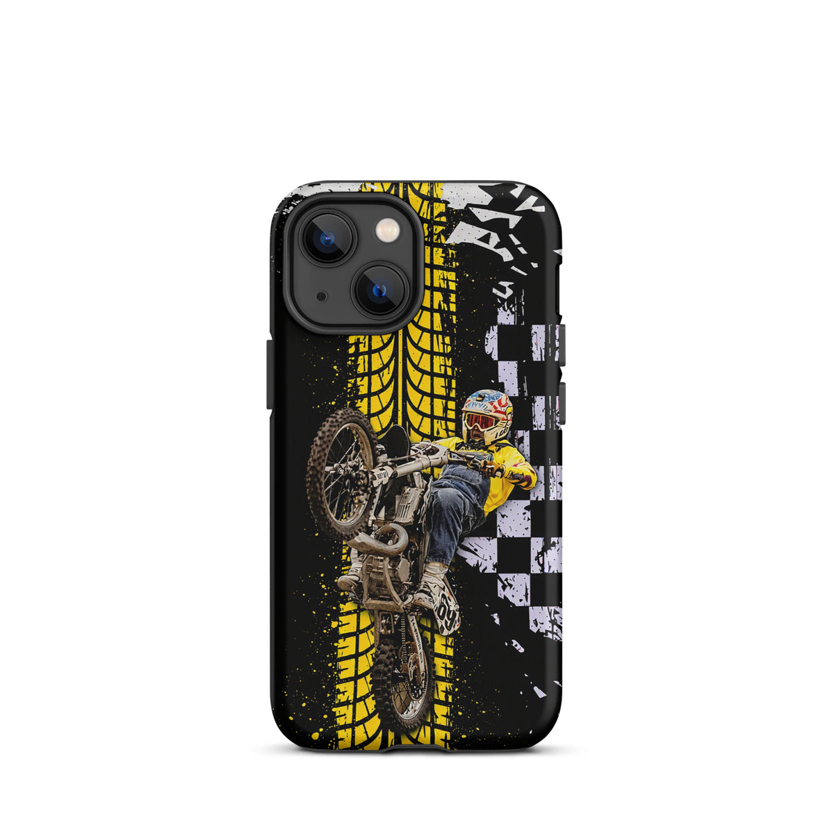 Phone Case for iPhone featuring motocross air-wheelie design in yellow, black, and white with Ronnie Mac graphic.