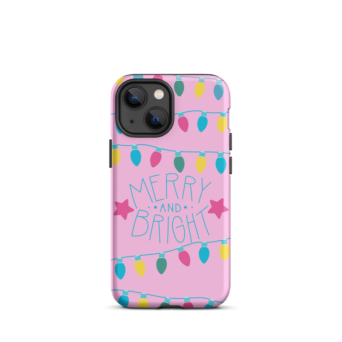 Phone Case for iPhone with colorful holiday lights design and 'Merry and Bright' message on pink background