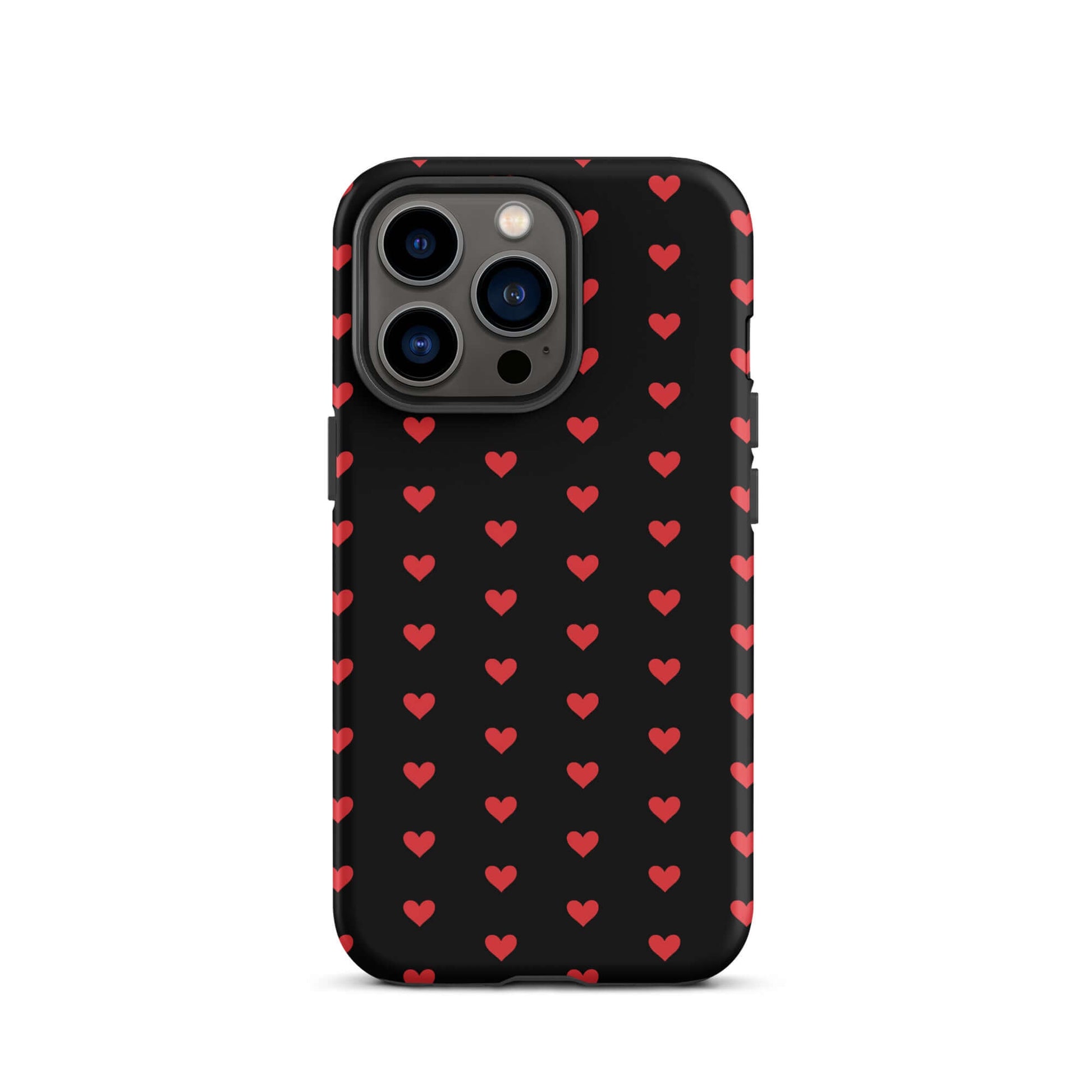 Phone Case featuring a bold pattern of fiery red hearts on a black background, offering style and protection.