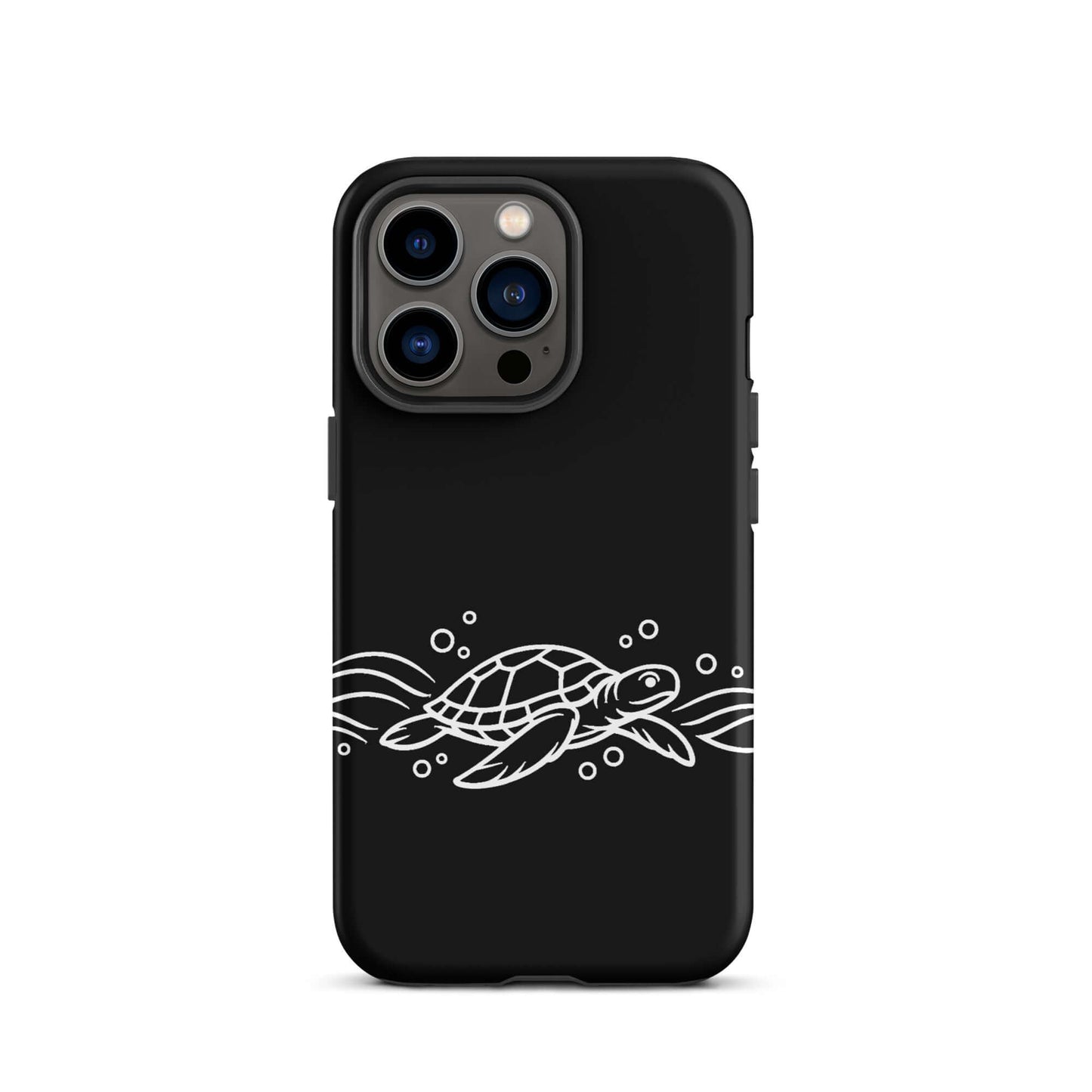 Phone Case featuring a minimalist sea turtle design with abstract waves and bubbles on a black background.