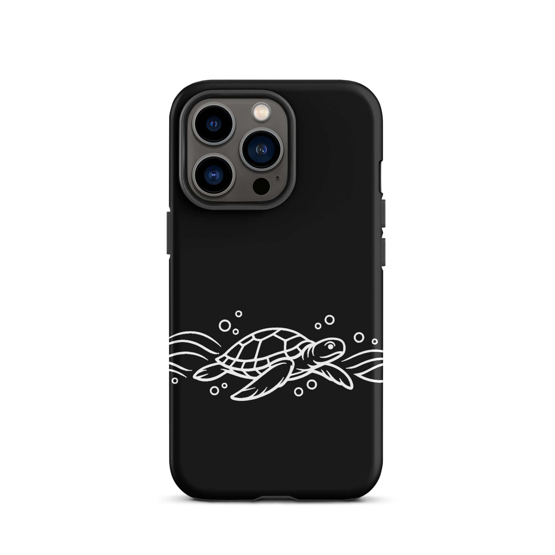 Phone Case featuring a minimalist sea turtle design with abstract waves and bubbles on a black background.