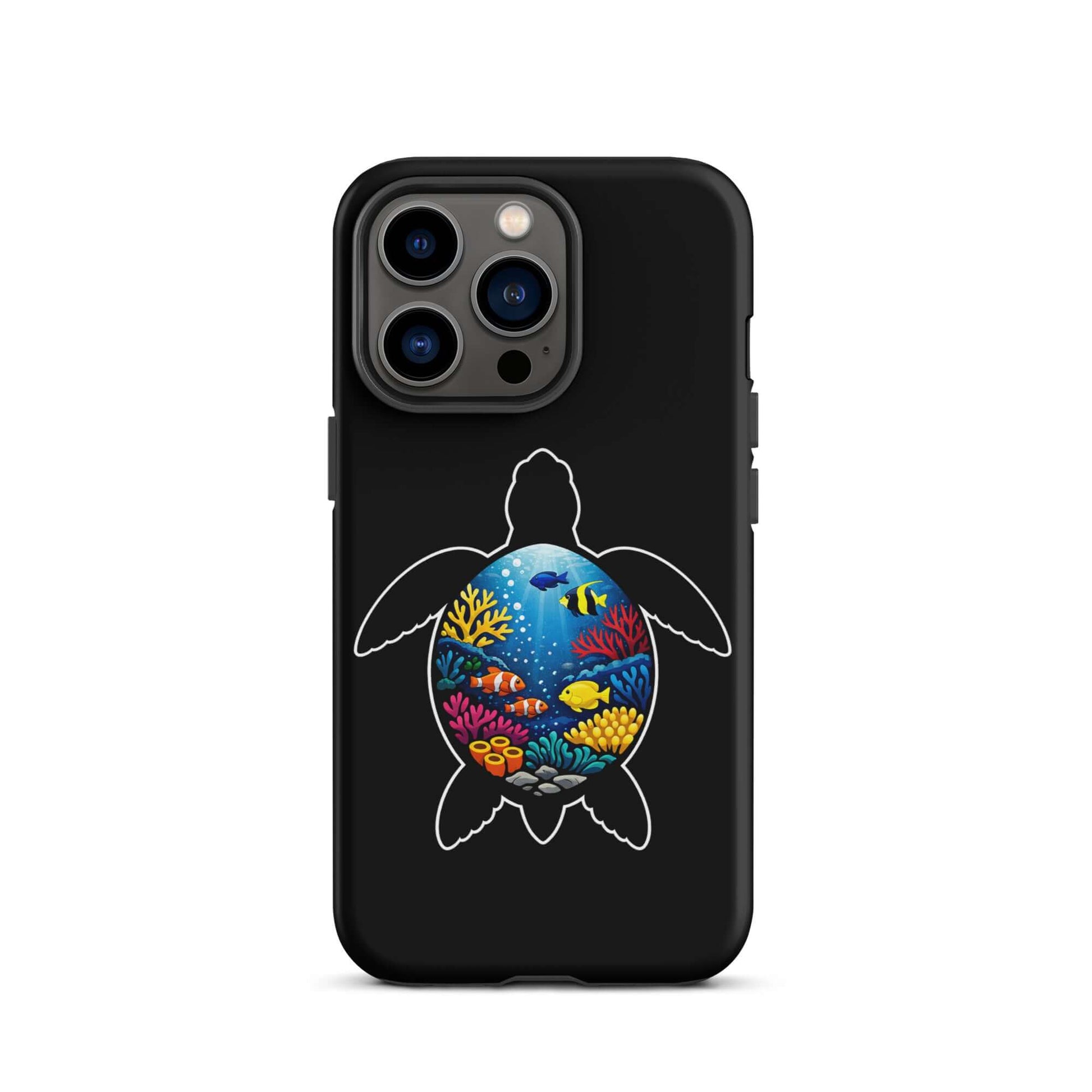 Phone Case for iPhone featuring vibrant sea turtle and coral reef design on a black background.