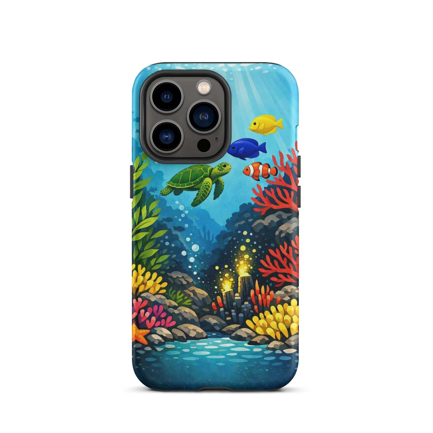 Vibrant phone case for iPhone featuring sea turtle and coral reef design, perfect for marine life lovers.