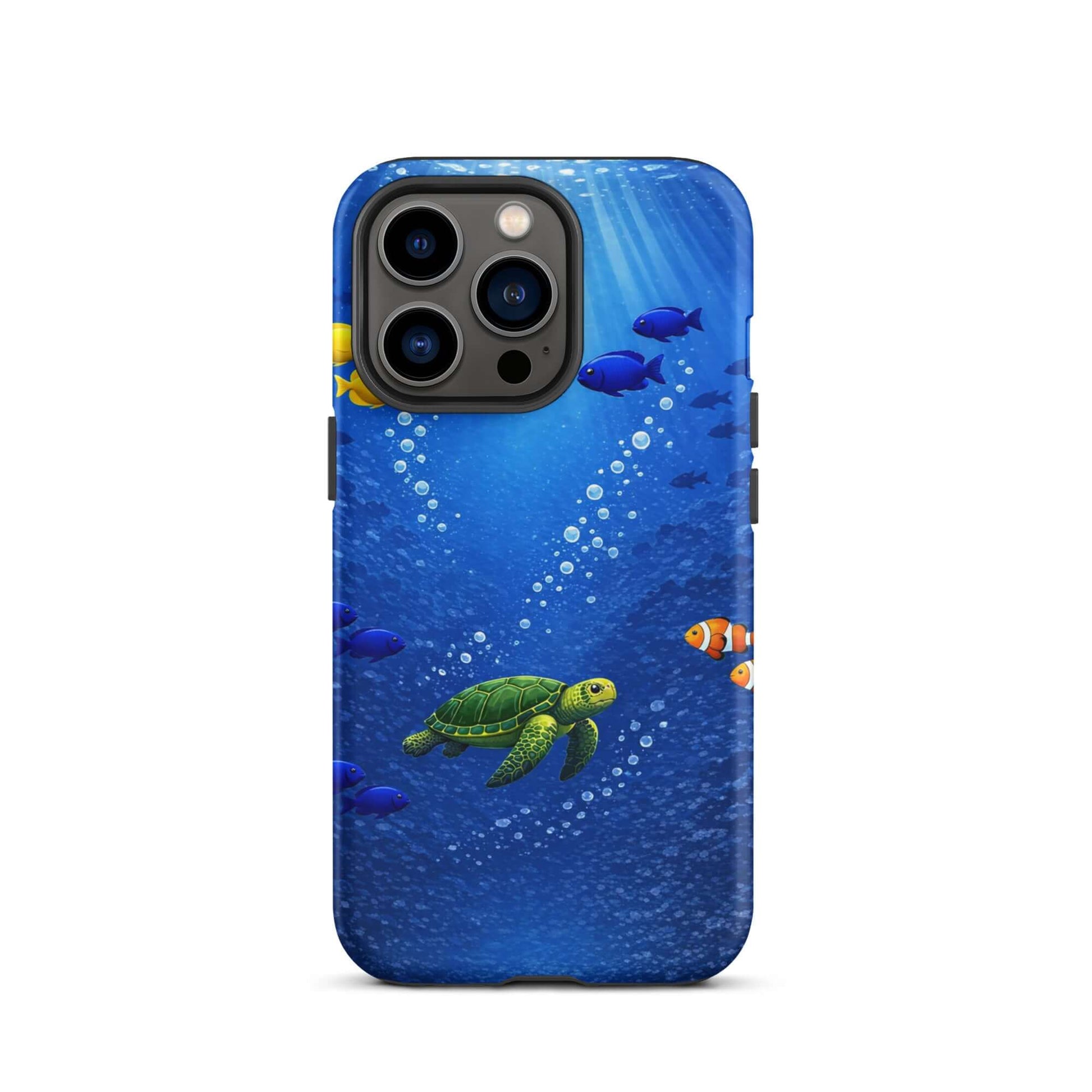 Phone Case for iPhone featuring a vibrant sea turtle design swimming among tropical fish in blue water.