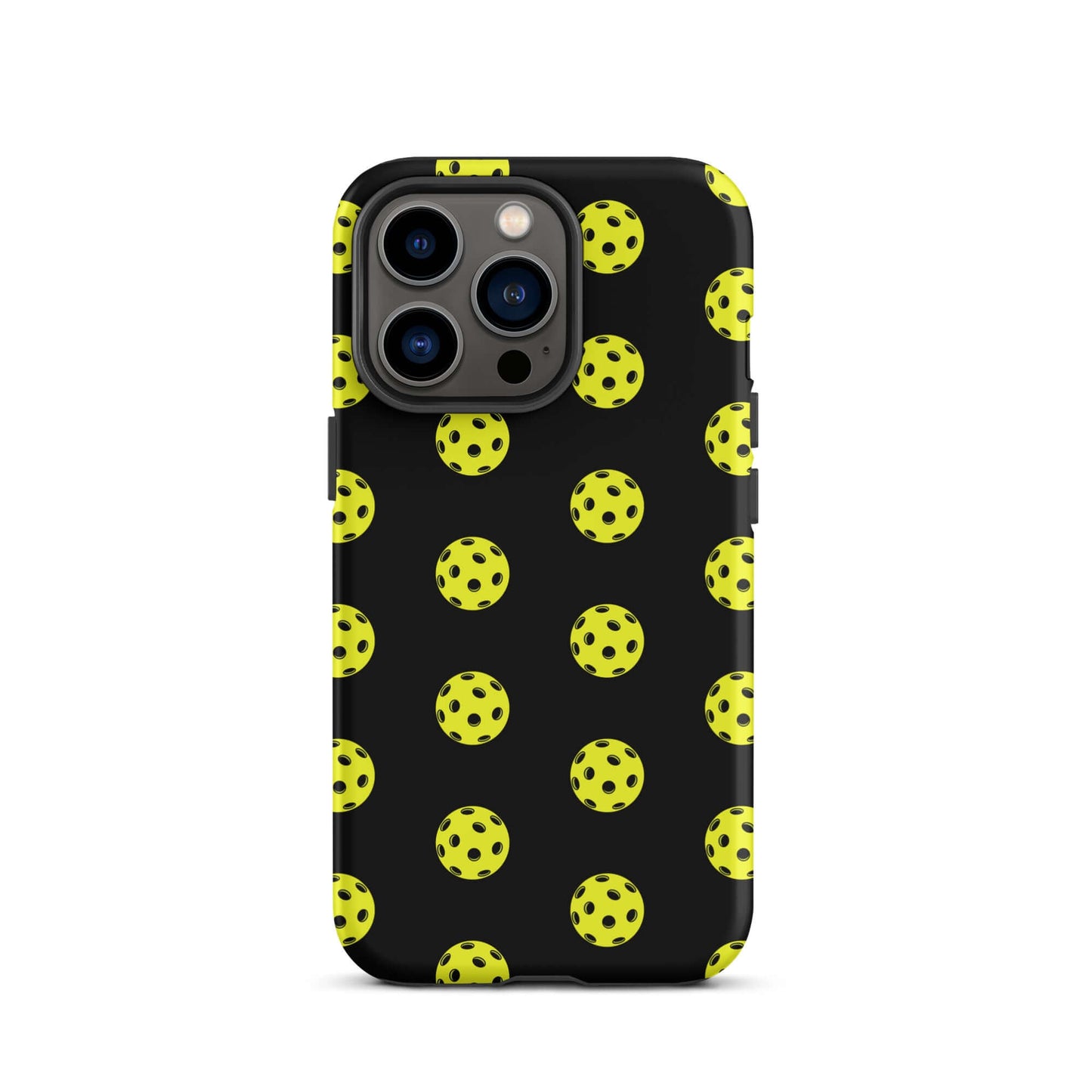 Phone Case featuring a playful pickleball pattern on a black background for sporty style.