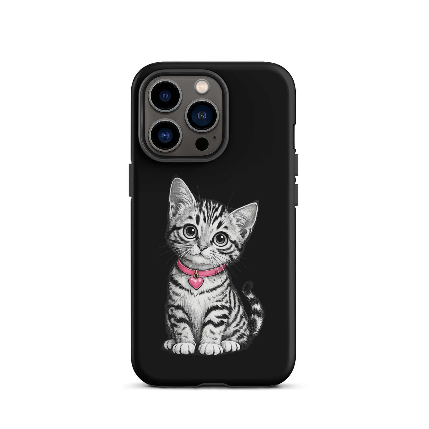 Phone Case for iPhone with pencil sketch kitten design and pink heart charm, featuring black-and-white artistic detailing.