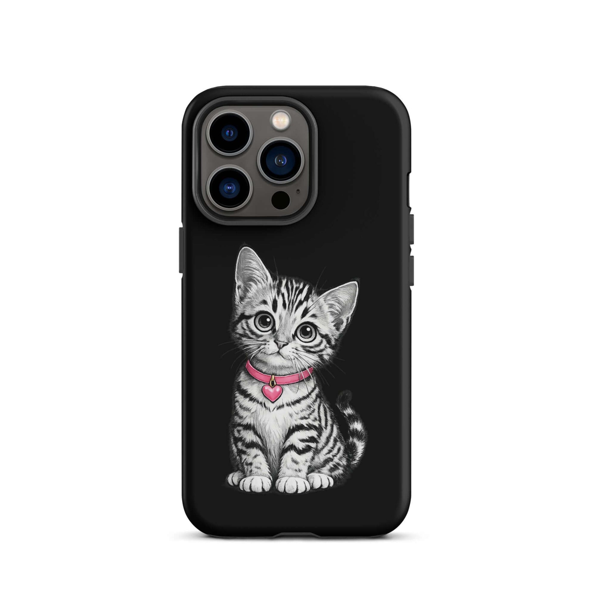 Phone Case for iPhone with pencil sketch kitten design and pink heart charm, featuring black-and-white artistic detailing.