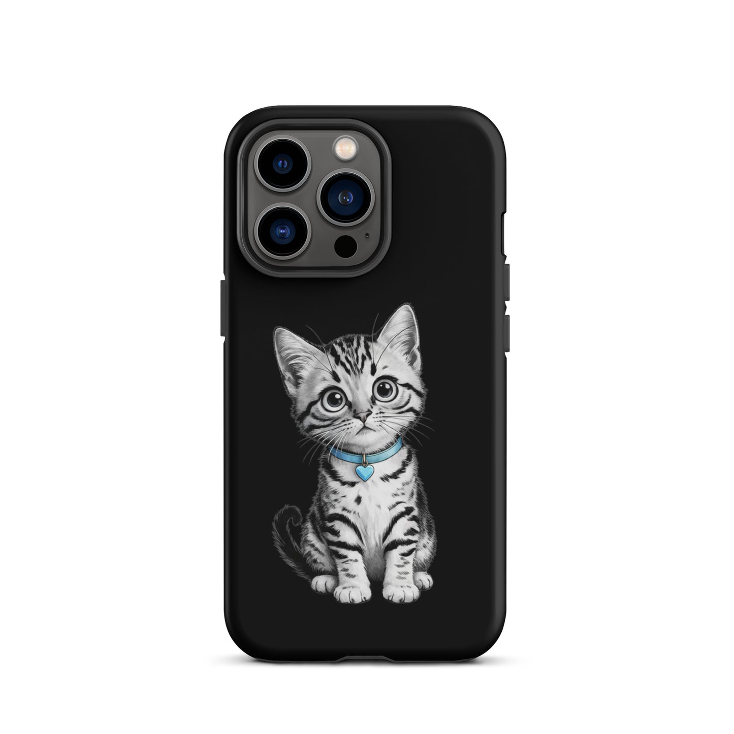 Phone Case for iPhone with kitten sketch and blue heart charm, featuring black-and-white artistic design for stylish protection.