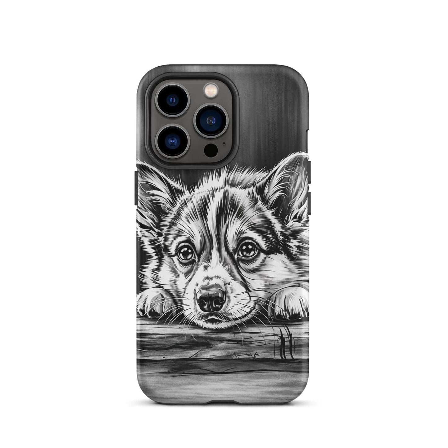 Phone Case for iPhone with elegant puppy art in black and white, featuring a detailed illustration of a puppy on aged wood for premium protection.