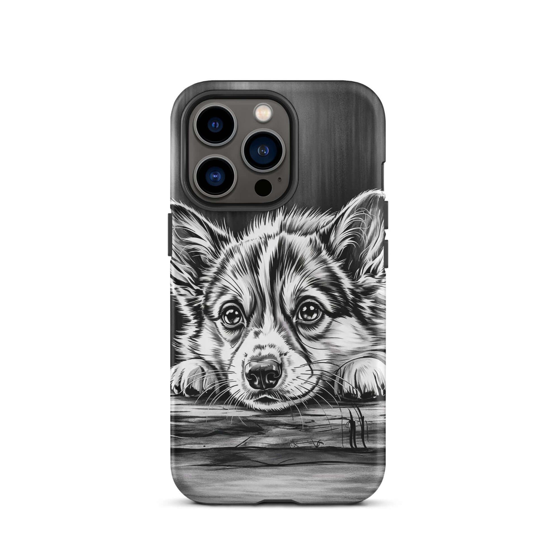 Phone Case for iPhone with elegant puppy art in black and white, featuring a detailed illustration of a puppy on aged wood for premium protection.