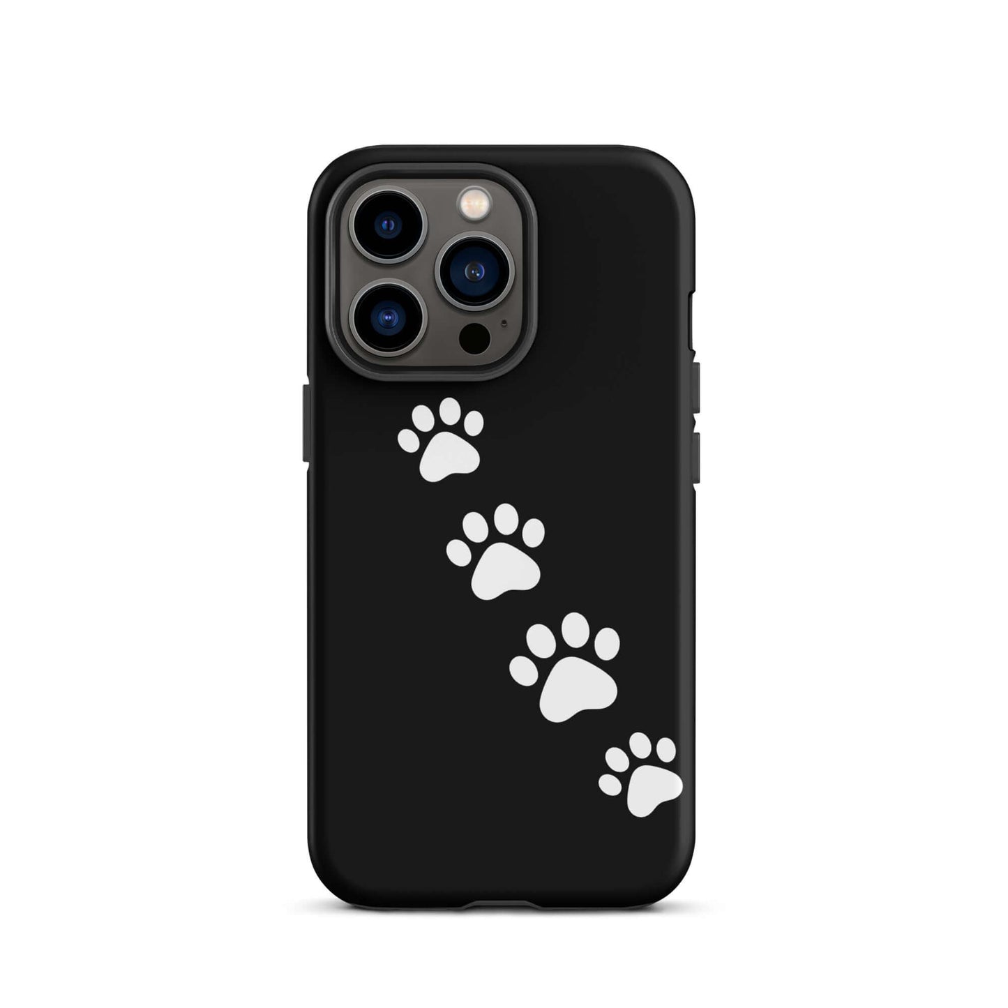 Phone case with white paw-print trail design for pet lovers, compatible with iPhone, featuring sleek black background and playful paw prints.