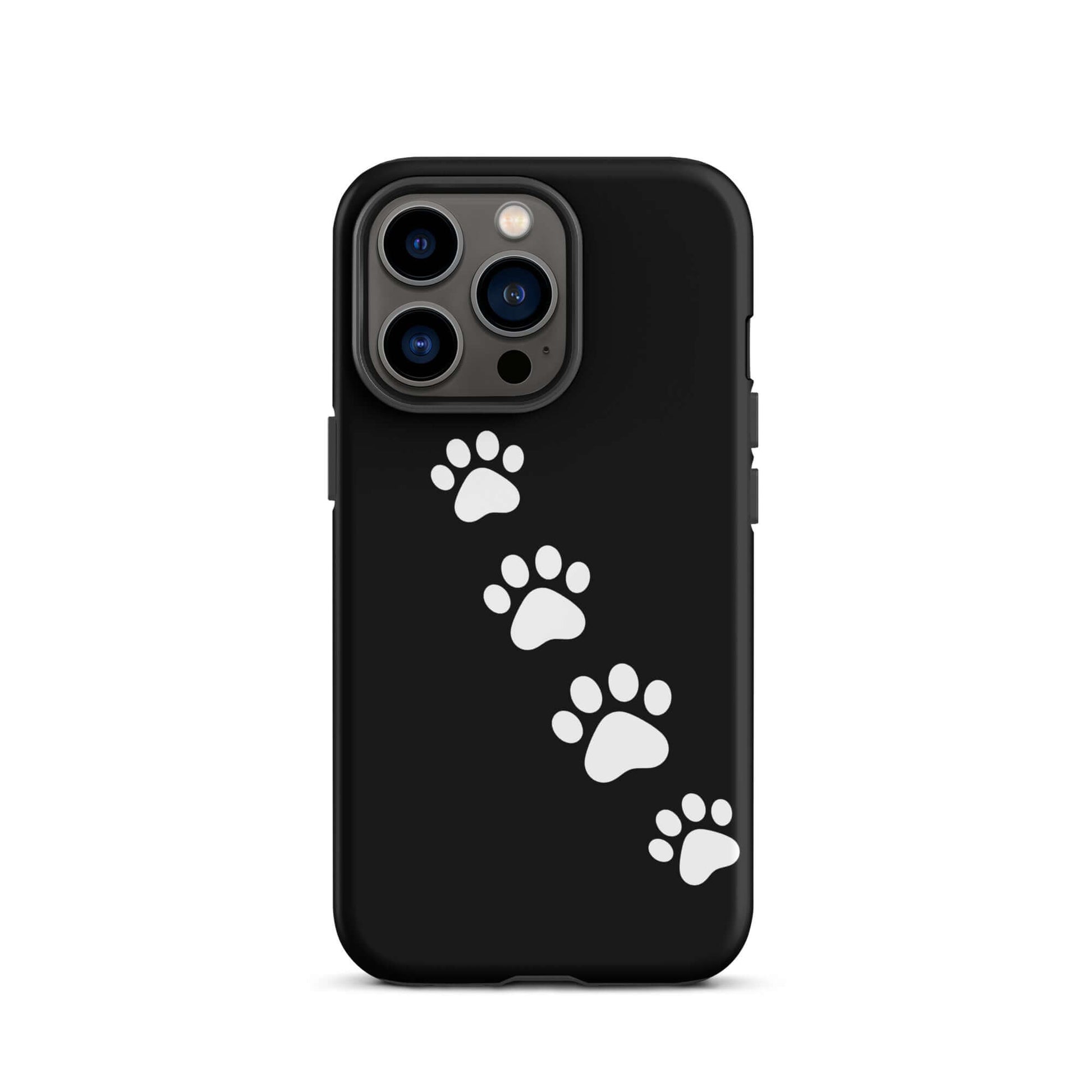 Phone case with white paw-print trail design for pet lovers, compatible with iPhone, featuring sleek black background and playful paw prints.