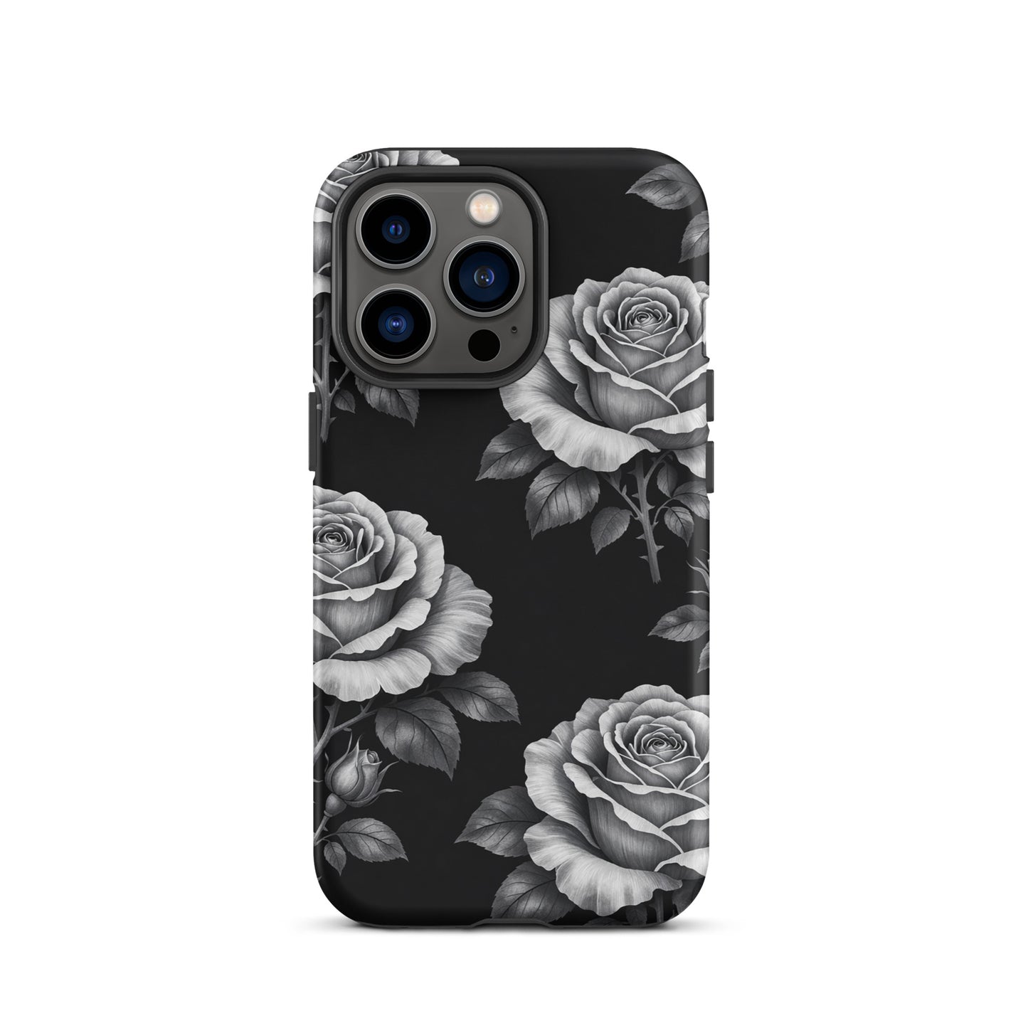 Phone Case for iPhone featuring rose garden design in pencil-stencil style on black background, elegant and durable.