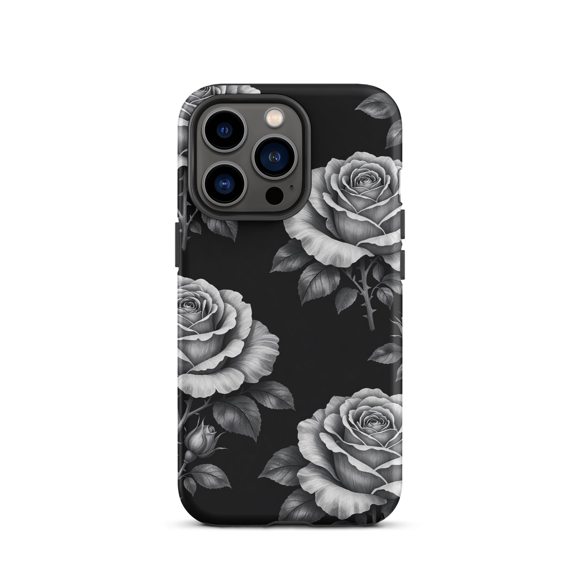 Phone Case for iPhone featuring rose garden design in pencil-stencil style on black background, elegant and durable.
