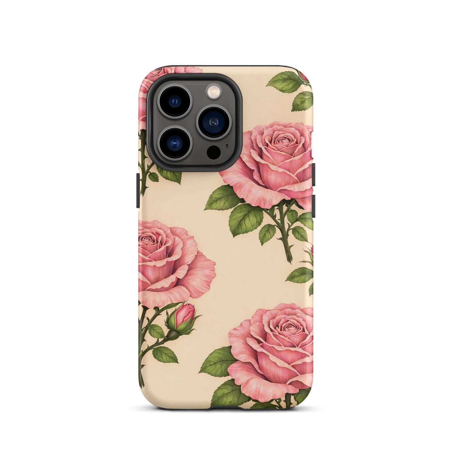 Phone Case for iPhone with pink rose garden design on warm cream background, featuring soft petals and vibrant green leaves.
