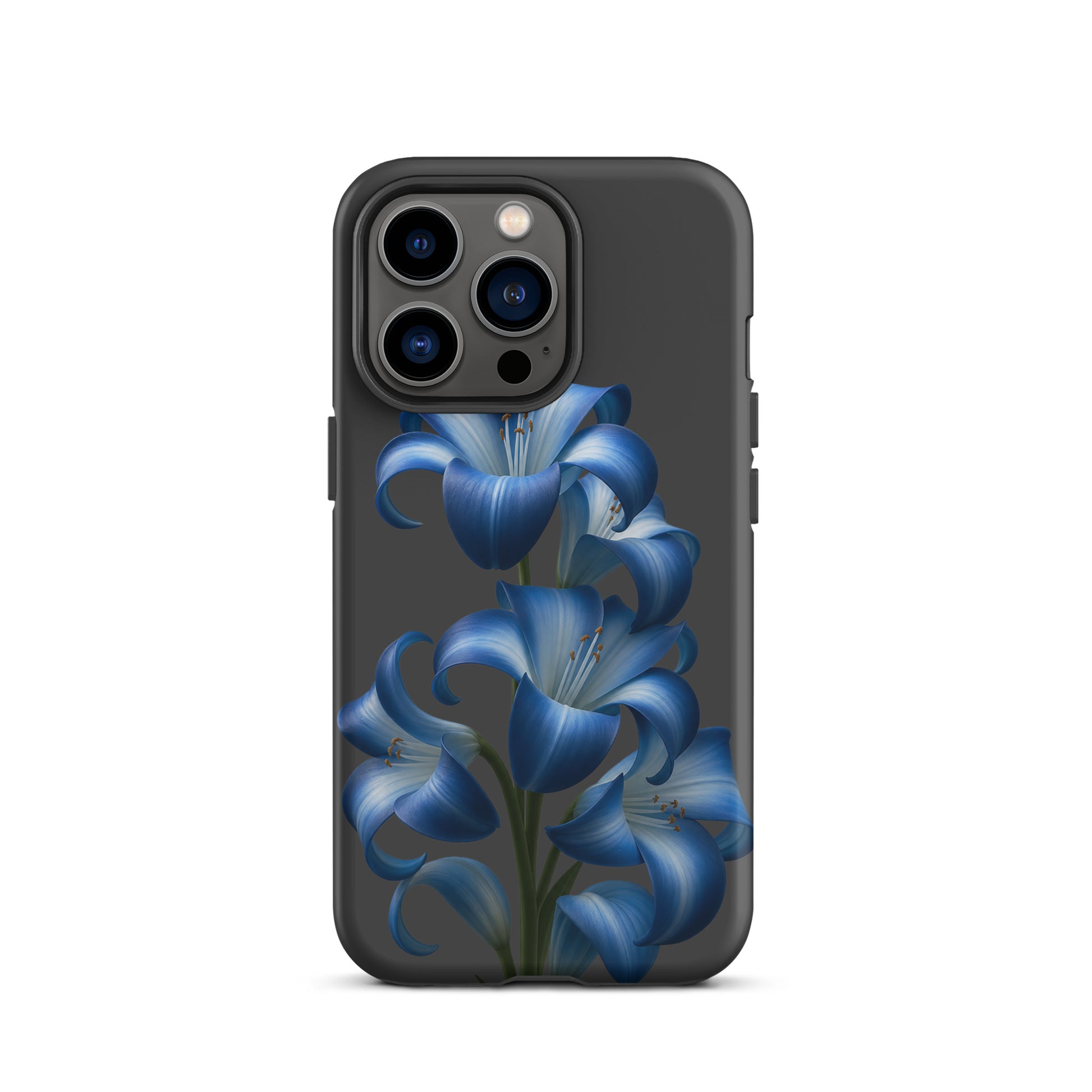 Phone Case with blue lily bloom art on a dark background for iPhone, featuring a tough dual-layer build and vivid floral design.