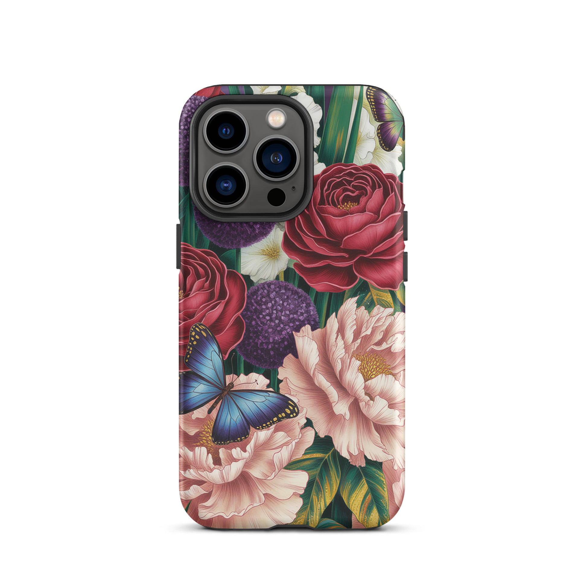 Phone Case for iPhone with crimson roses, pink peonies, purple alliums, and blue butterflies in a botanical garden design.