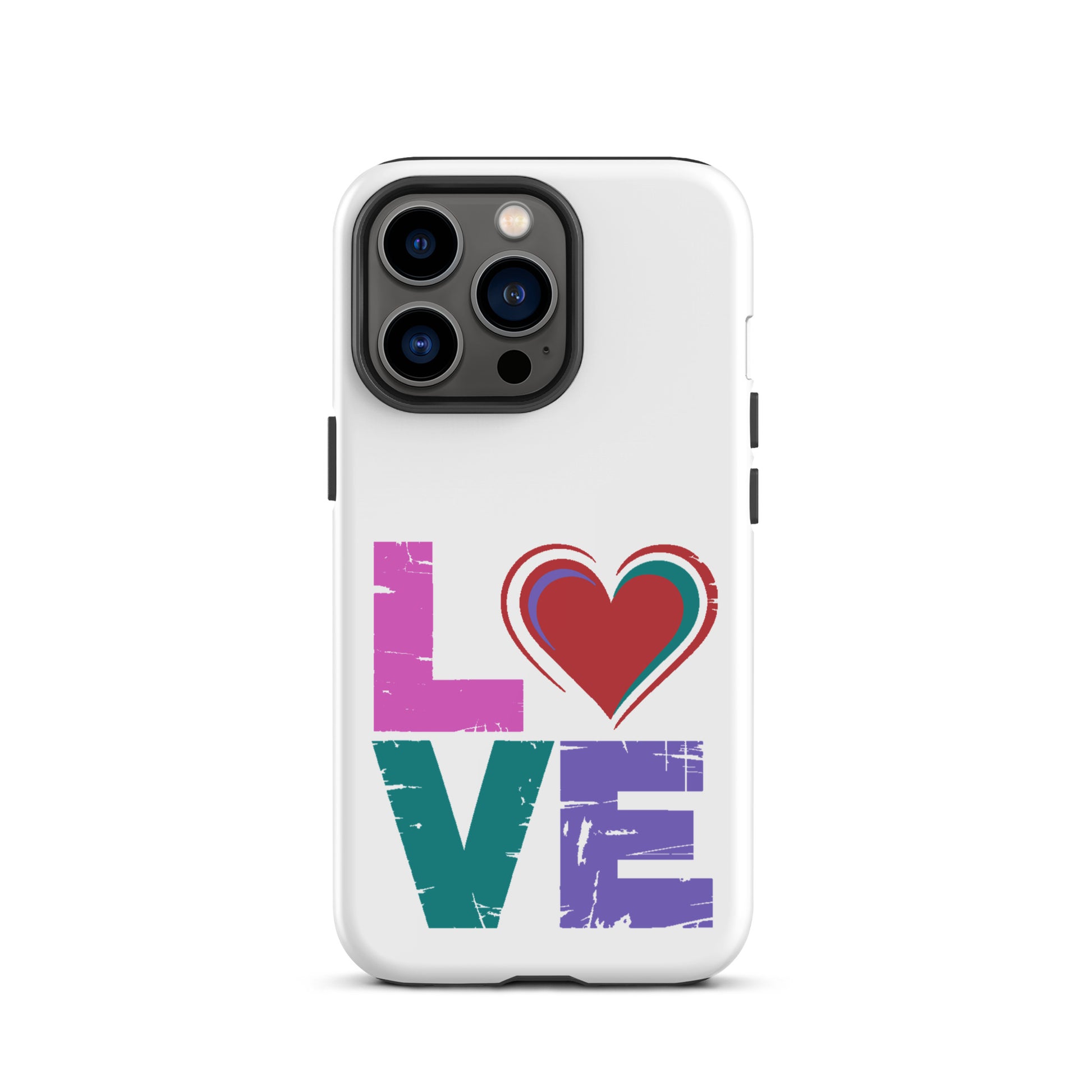 Love Dual Layer Tough Case for iPhones with heart design replacing 'o' in 'LOVE' on white background