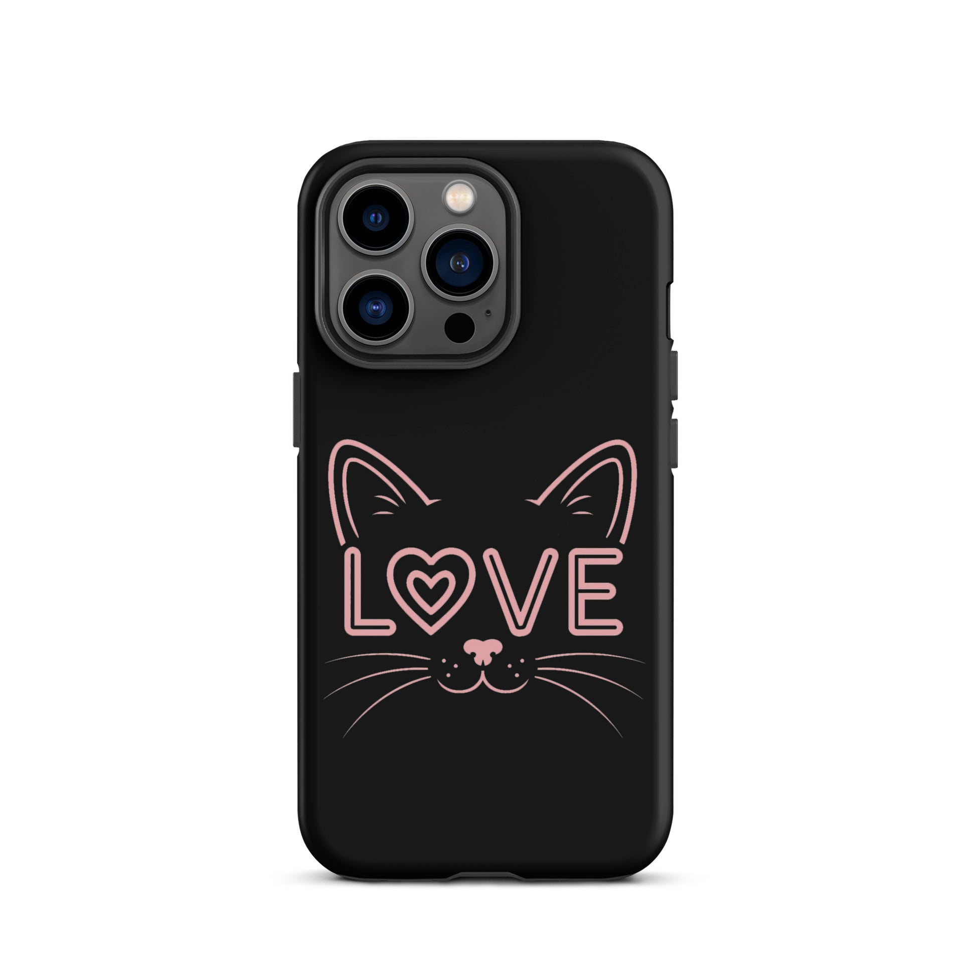 Cat Love iPhone case featuring a minimalist cat face outline with 'love' text design, stylish and protective for feline enthusiasts.