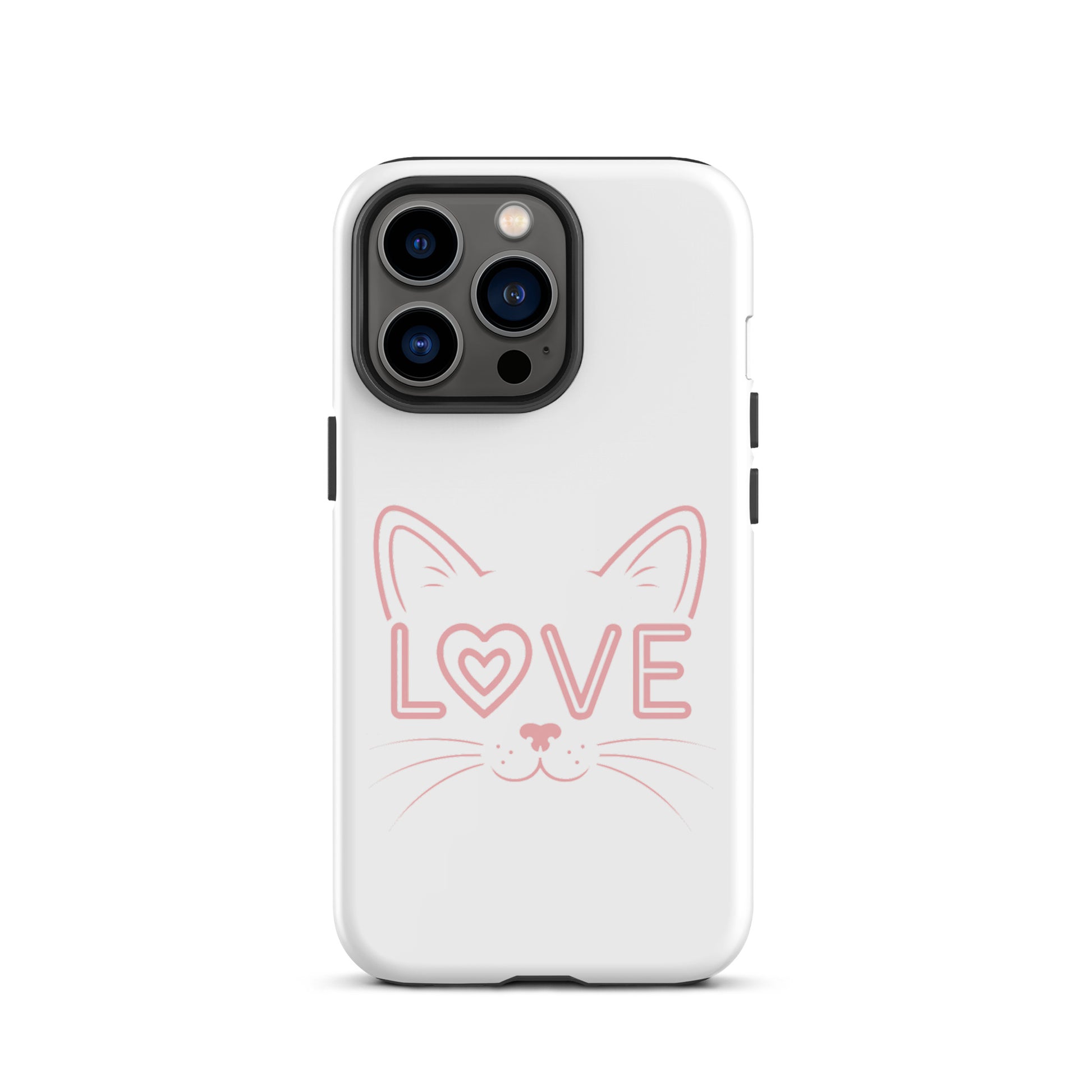 Cat Love phone case for iPhone featuring minimalist cat face design with "love" text incorporating feline elements.