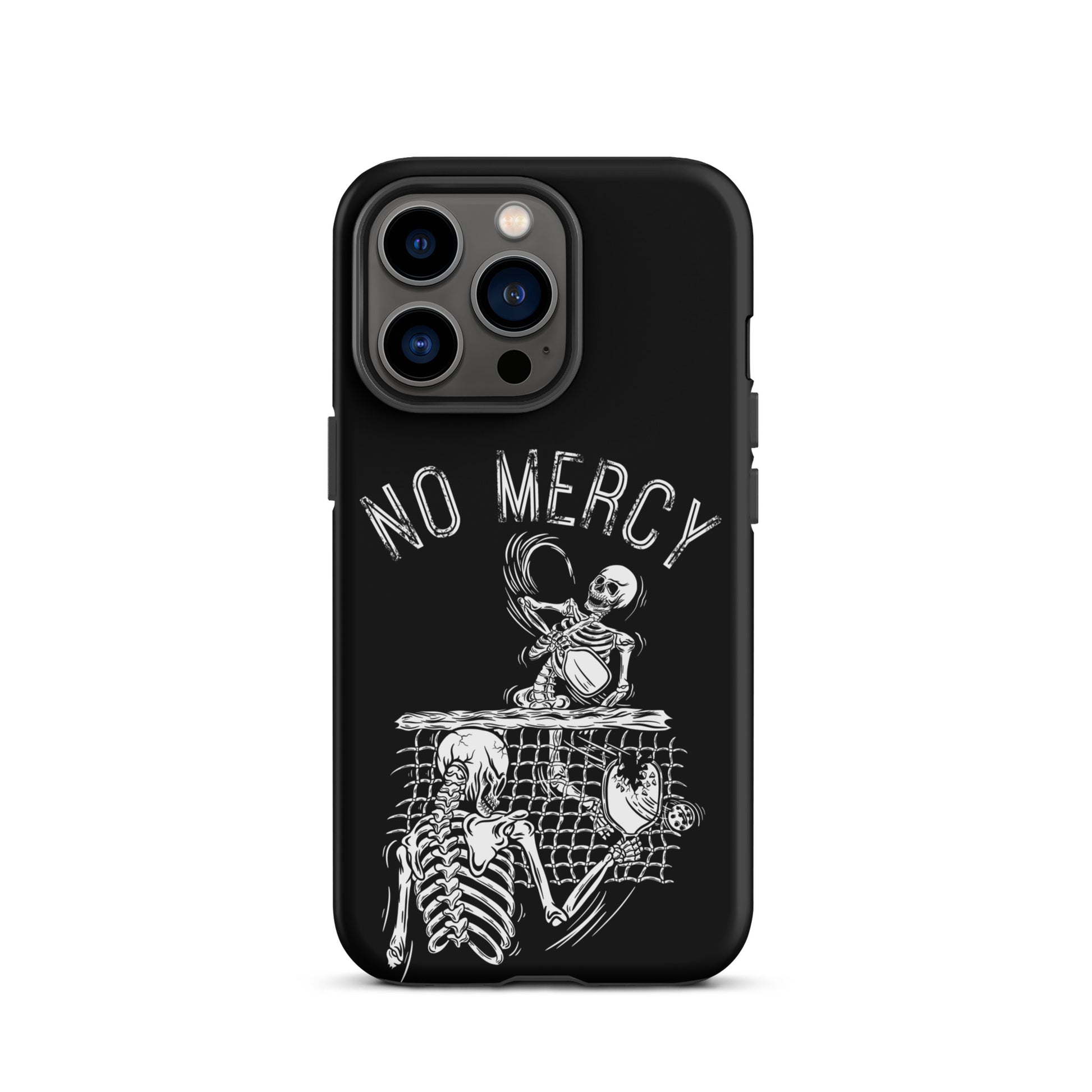 Pickleball iPhone case with 'No Mercy' skeleton design, perfect for intense court battles.