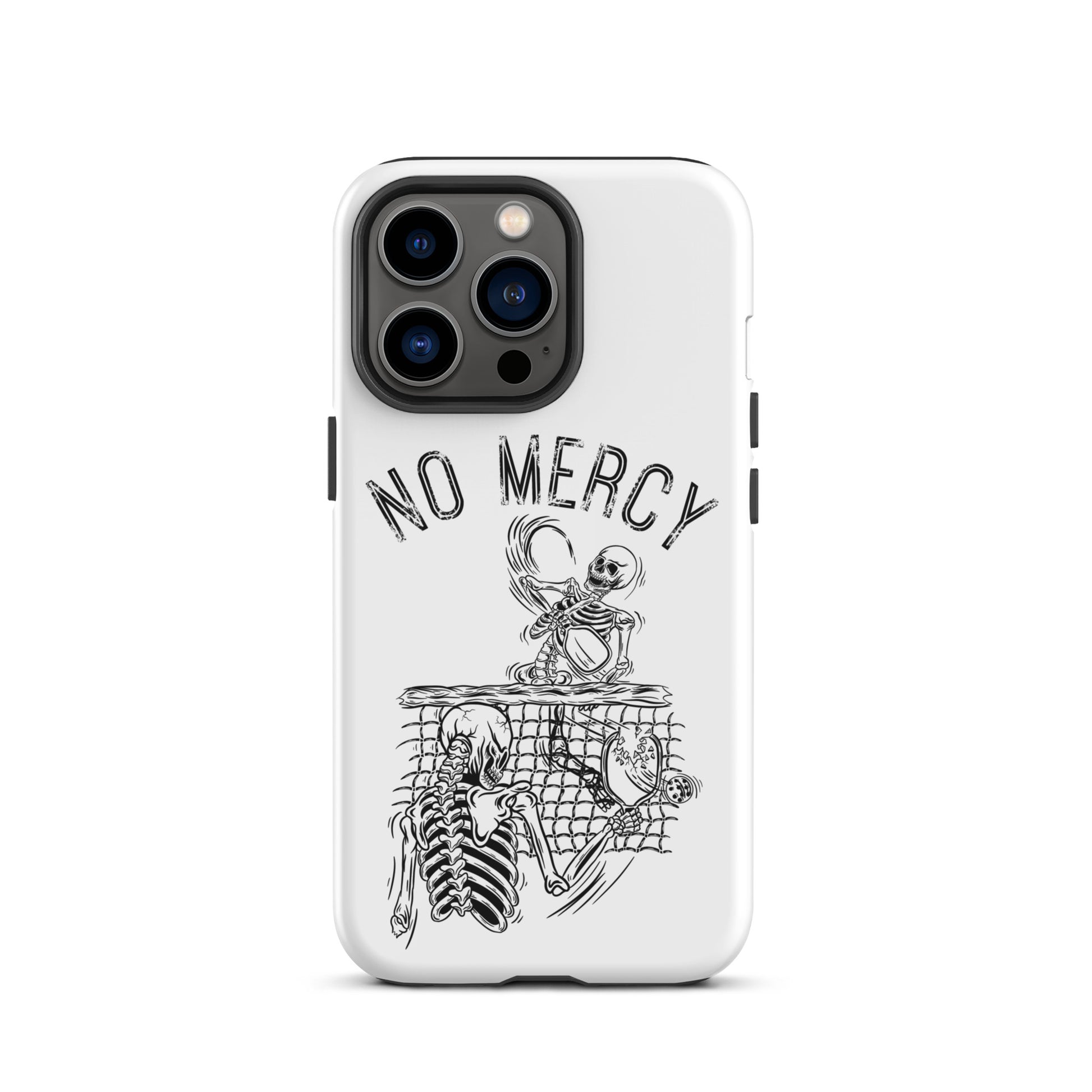Pickleball iPhone case with skeleton design and "No Mercy" text, offering rugged protection for players who dominate the court.