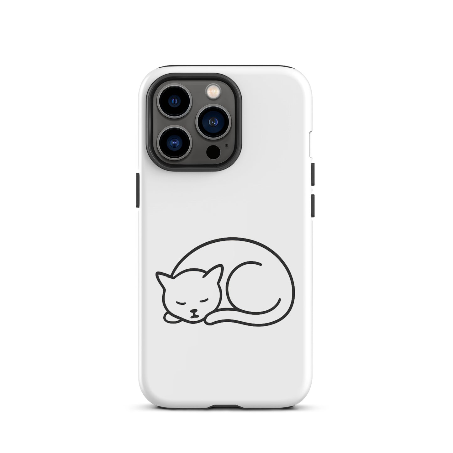 Minimalist curled-up cat design on phone case for iPhone with dual-layer protection for cat lovers.