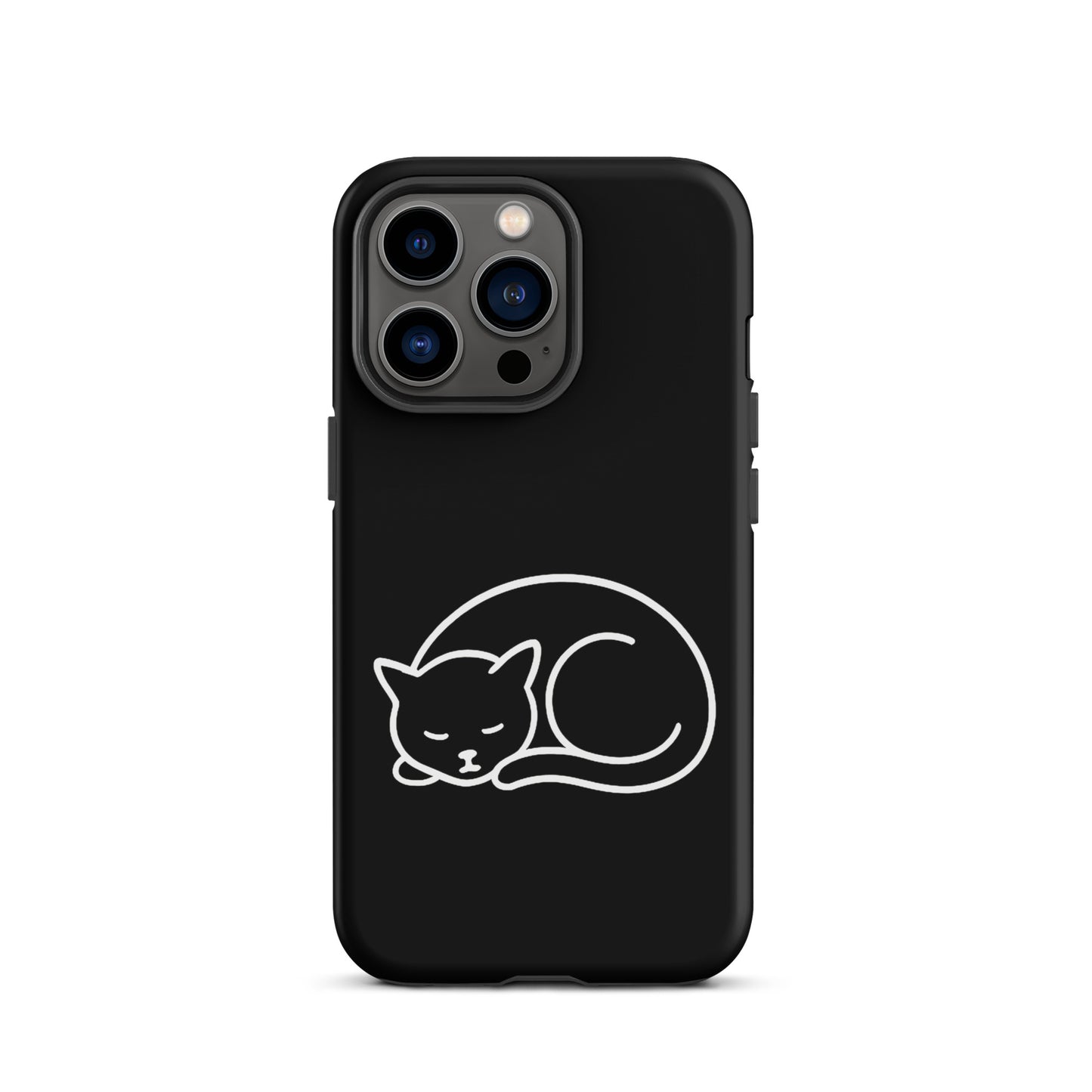 Phone case for iPhone featuring minimalist curled-up cat design, providing dual-layer protection.