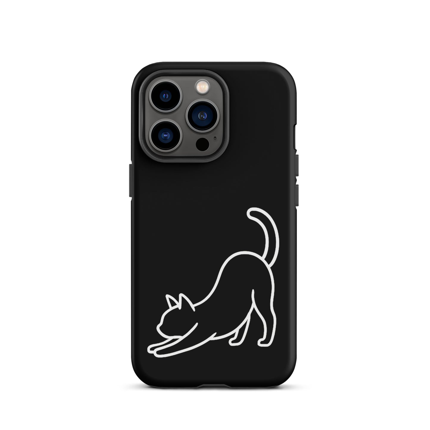 Phone Case for iPhone with minimalist stretching cat design, black case