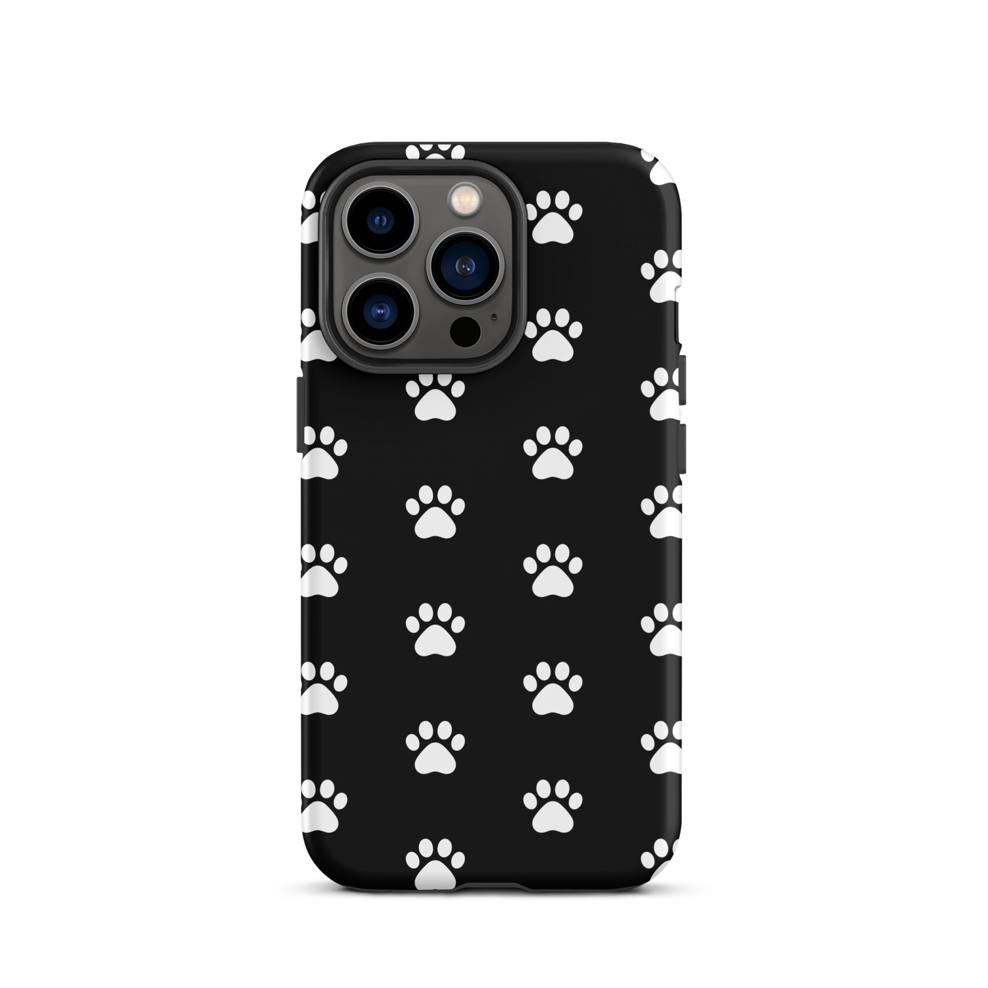 Phone Case for iPhone with stylish paw print design for pet lovers, featuring minimalist white paw icons on a black background.