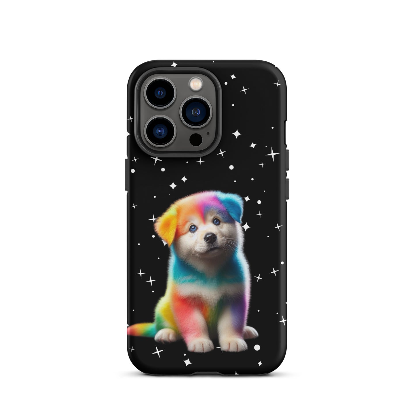 Phone Case for iPhone with rainbow puppy and starry night design, vibrant protective accessory.