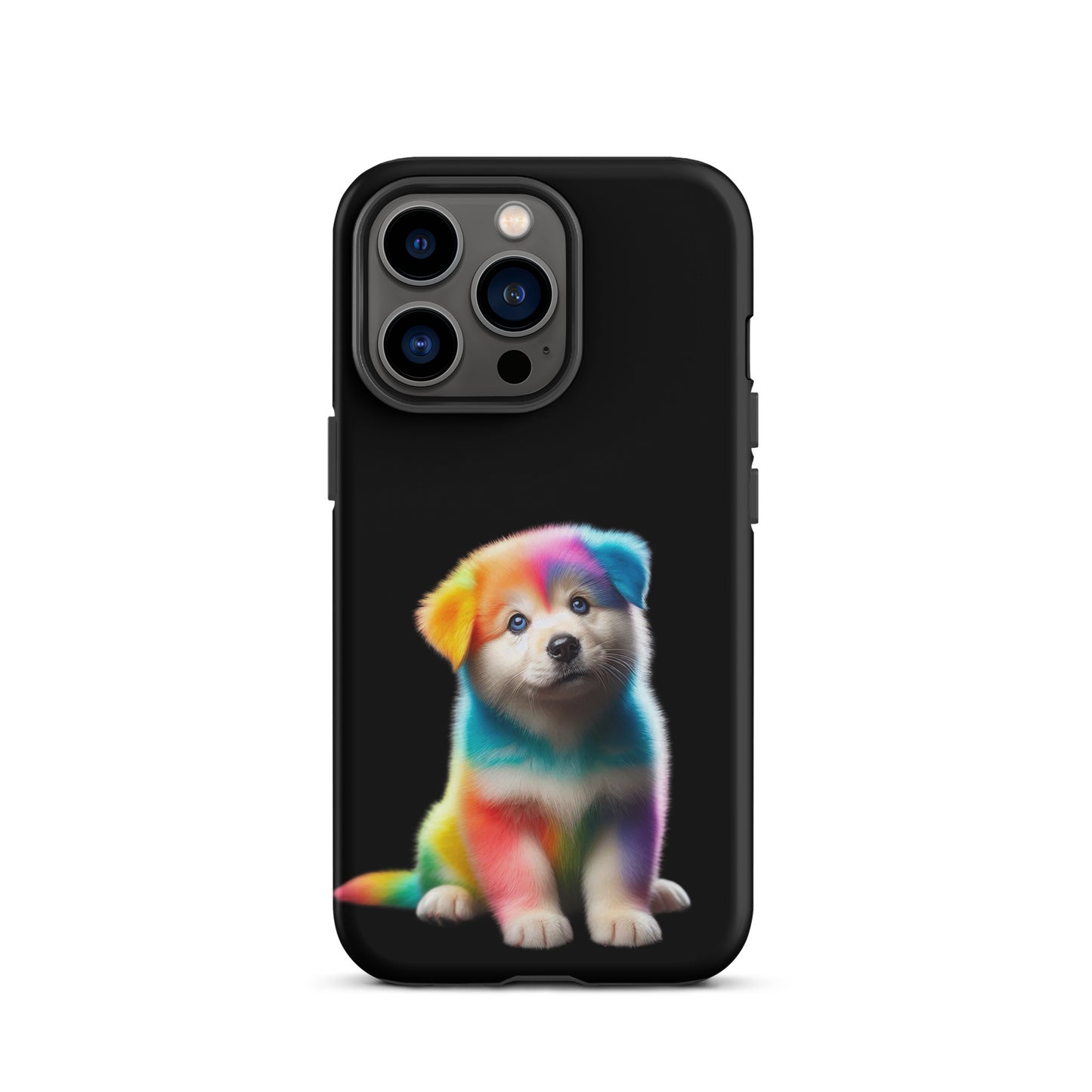 Phone Case with vibrant rainbow puppy design on black background for iPhone, featuring cosmic sparkle and fantasy art style.