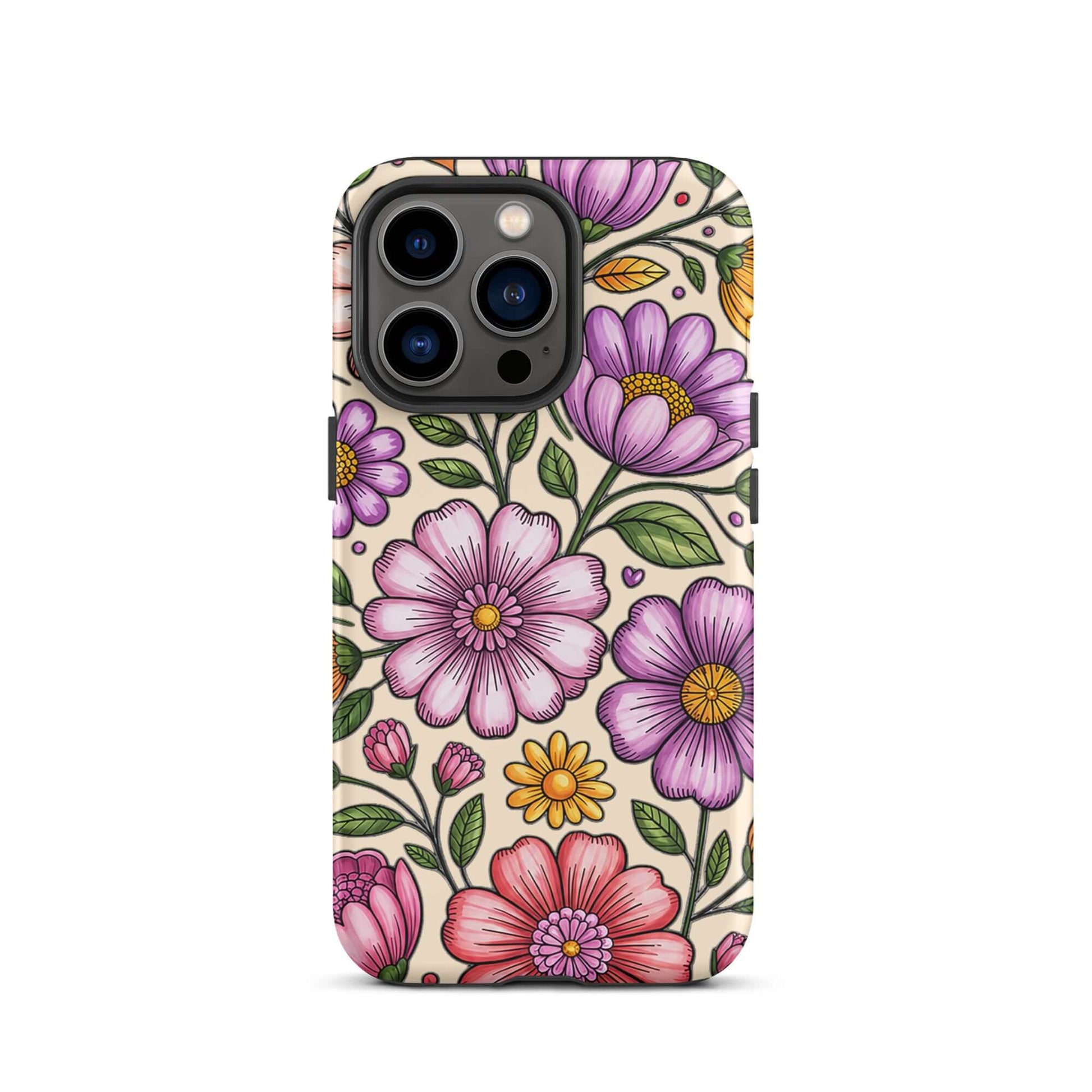 Phone Case for iPhone with pastel floral design, featuring pink, peach, and lavender flowers. Durable dual-layer construction.
