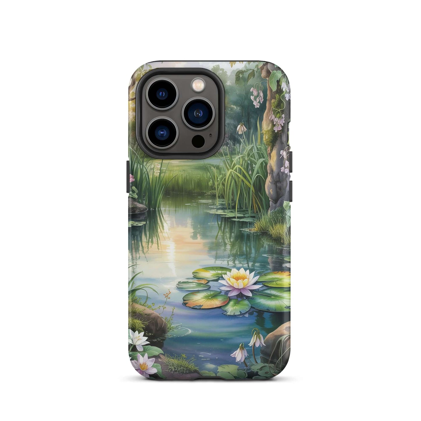 Phone Case for iPhone featuring Enchanted Pond design with water lilies and greenery in tranquil sunset setting.