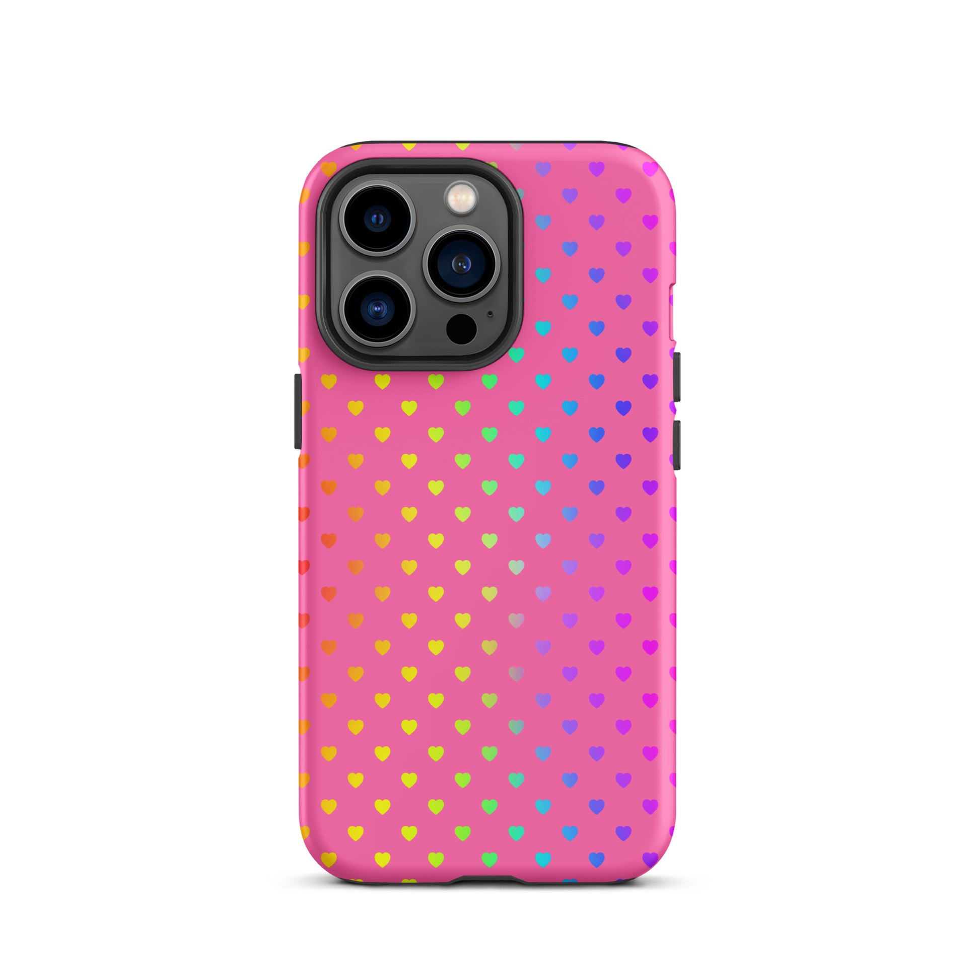 Phone Case for iPhone with cute rainbow hearts design on pink background, featuring dual-layer protection for stylish durability.