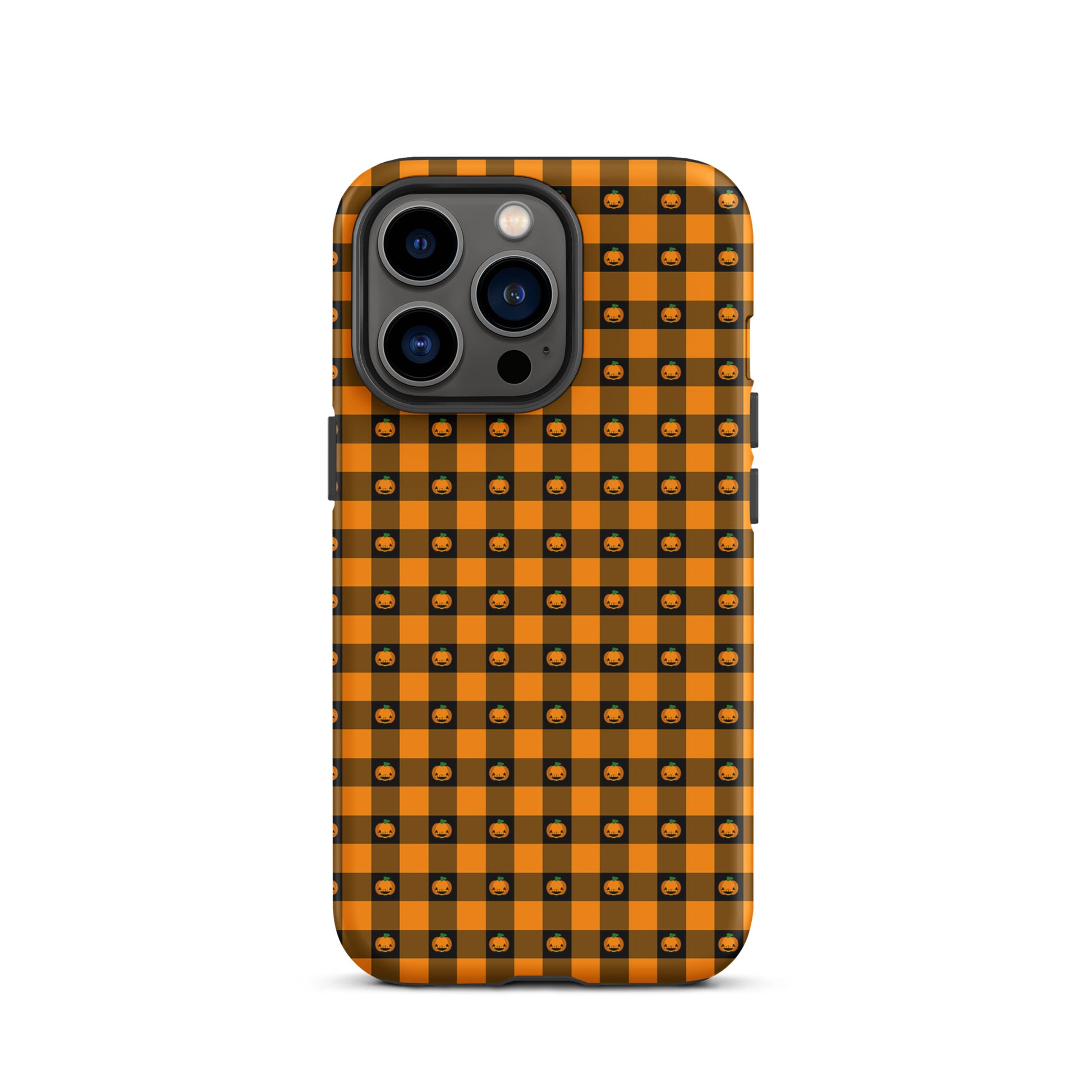 Phone Case for iPhone with playful pumpkin gingham Halloween design featuring jack-o’-lantern faces, perfect for festive celebrations.