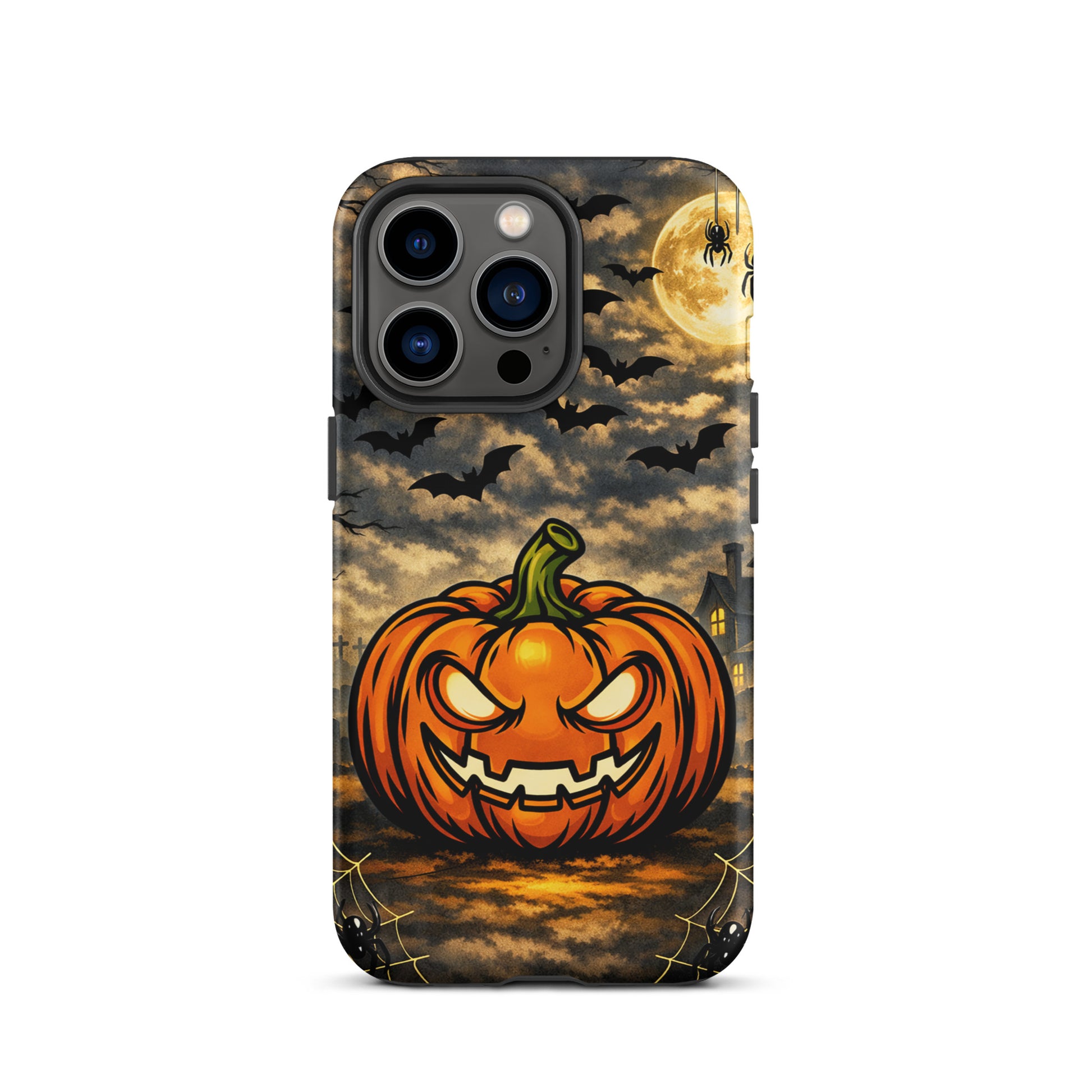 Phone Case for iPhone featuring a Halloween scene with a glowing pumpkin, bats, a haunted house, and a moonlit sky in spooky design.