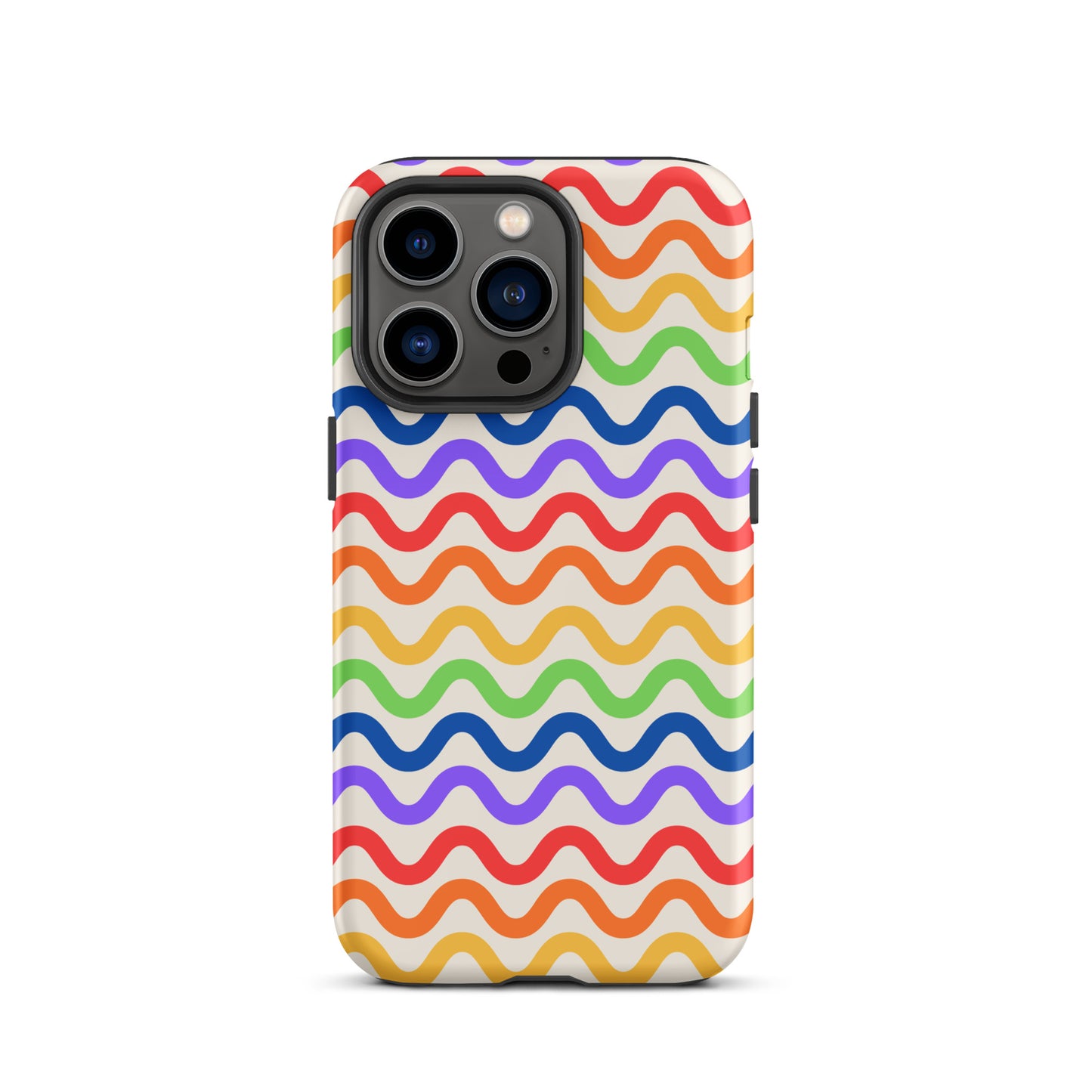 Phone Case for iPhone with wavy rainbow design in purple, red, orange, yellow, green, blue lines on white background, playful style.