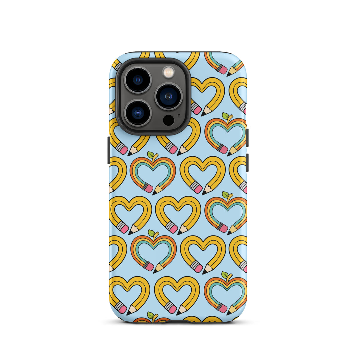 Phone Case of iPhone with playful pencil-heart pattern and green leaves, symbolizing creativity and back-to-school charm.