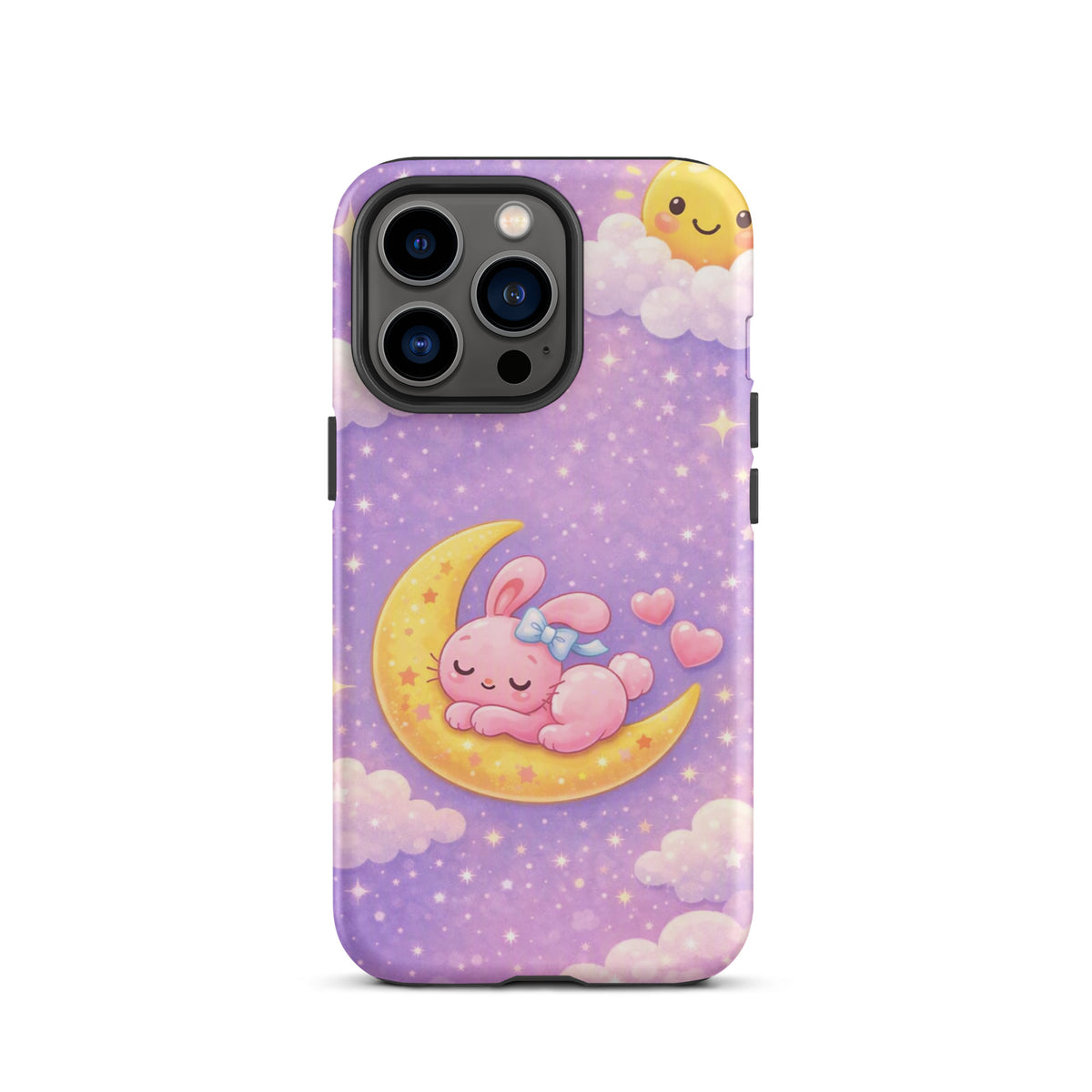 Phone Case for iPhone with dreamy bunny moon design, featuring a pink bunny on a crescent moon with stars and clouds, cute and cozy theme.