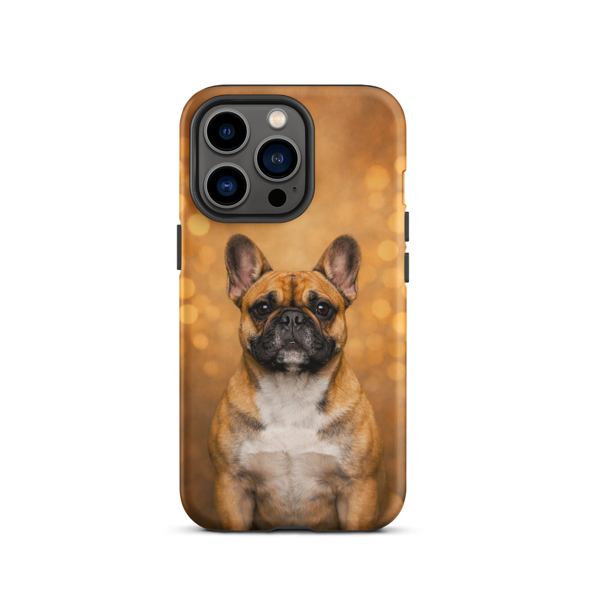 Phone Case for iPhone featuring a French Bulldog portrait against a warm golden bokeh background, adding charm and personality.
