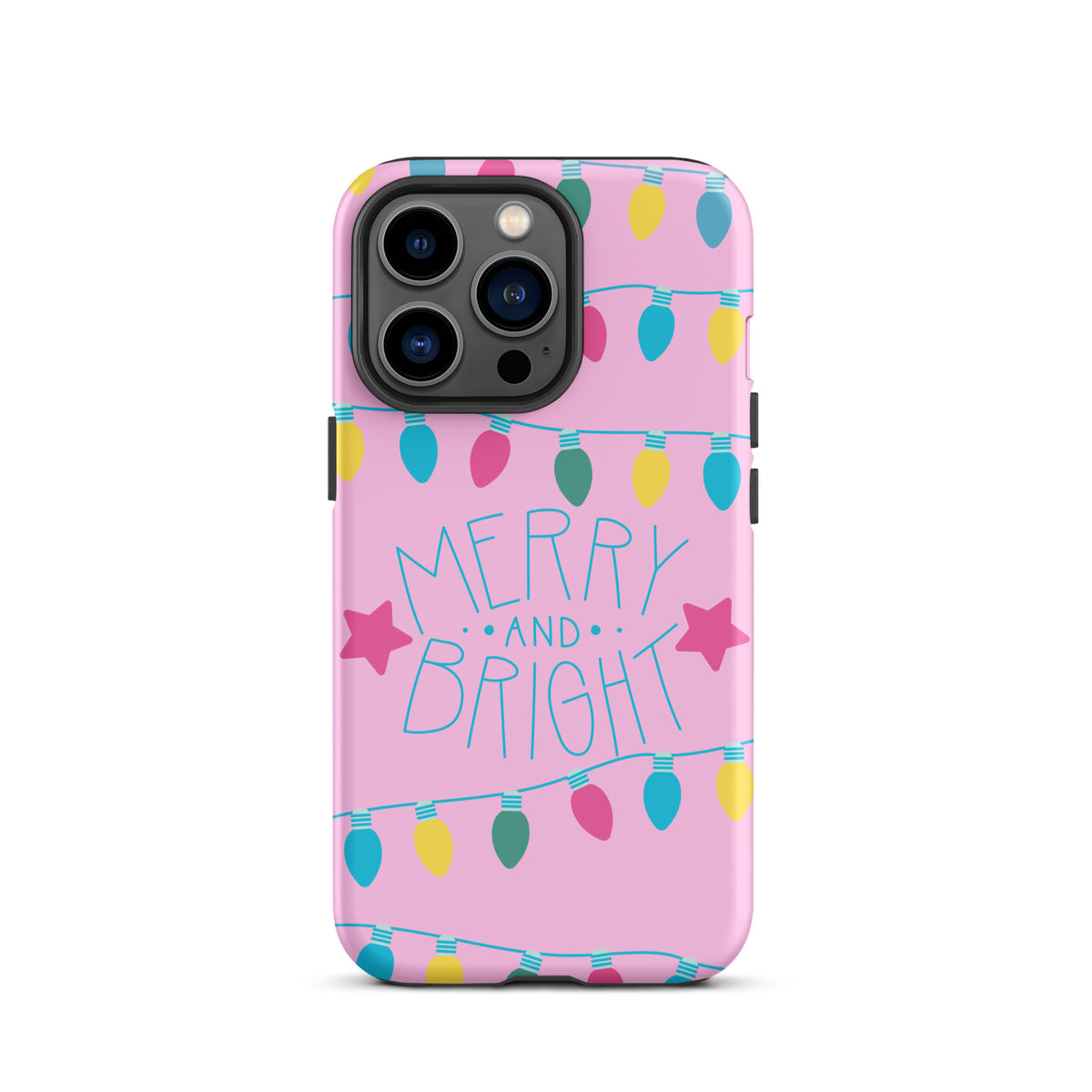 Phone Case for iPhone with Merry and Bright design, featuring colorful holiday lights and stars on a pink background.