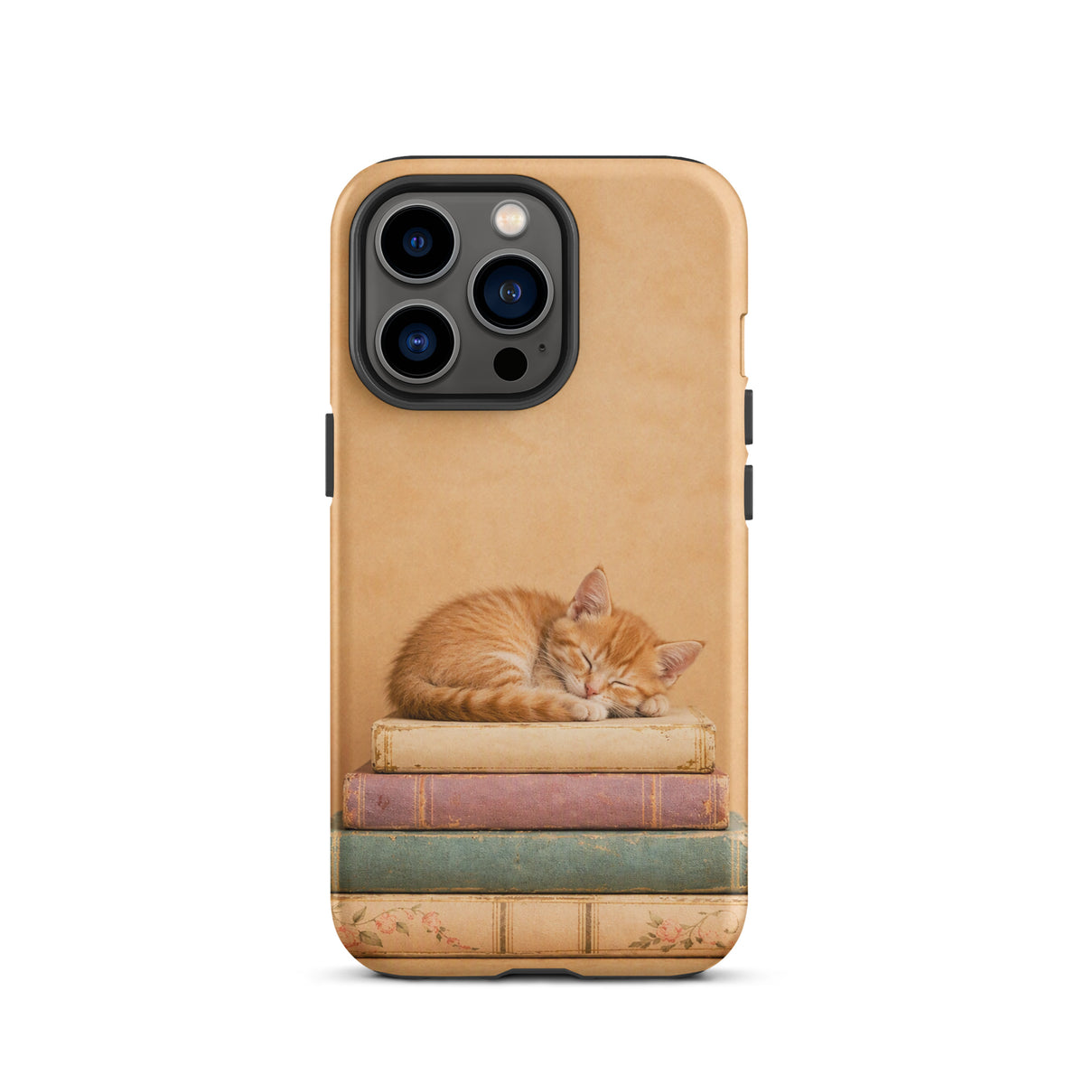 Phone Case for iPhone featuring a sleeping orange kitten on vintage books, perfect for cozy and charming design lovers.