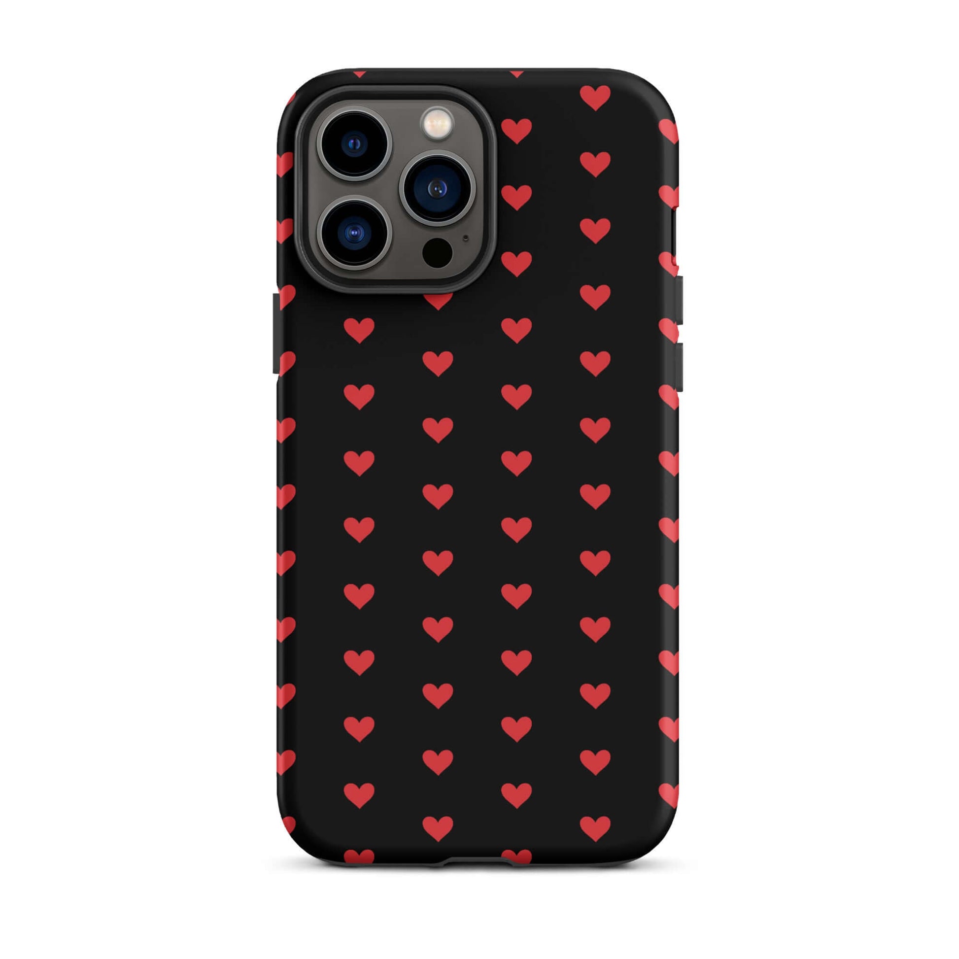 Phone Case for iPhone featuring fiery red hearts on a black background, combining style and durability.