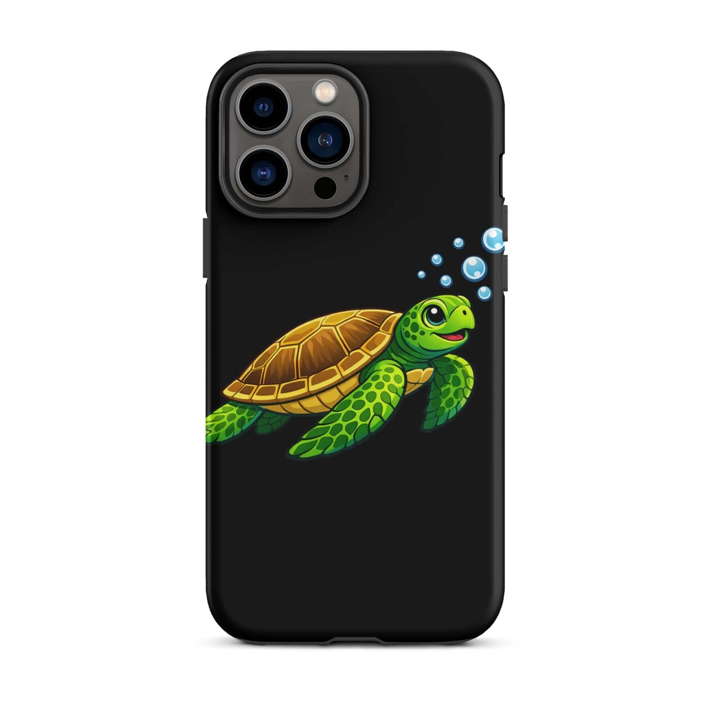 Phone Case featuring vibrant sea turtle artwork swimming with bubbles on a sleek black background.