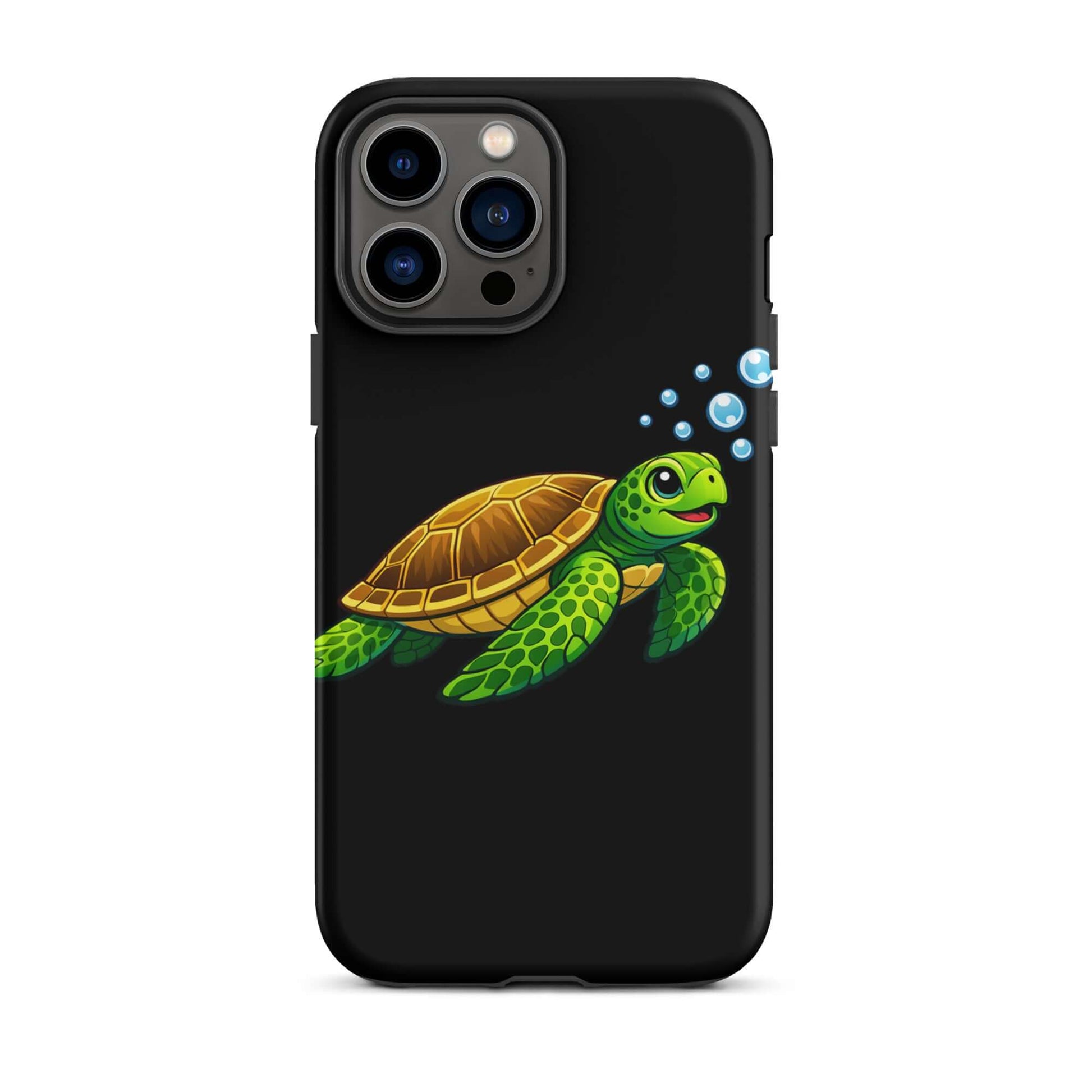 Phone Case featuring vibrant sea turtle artwork swimming with bubbles on a sleek black background.