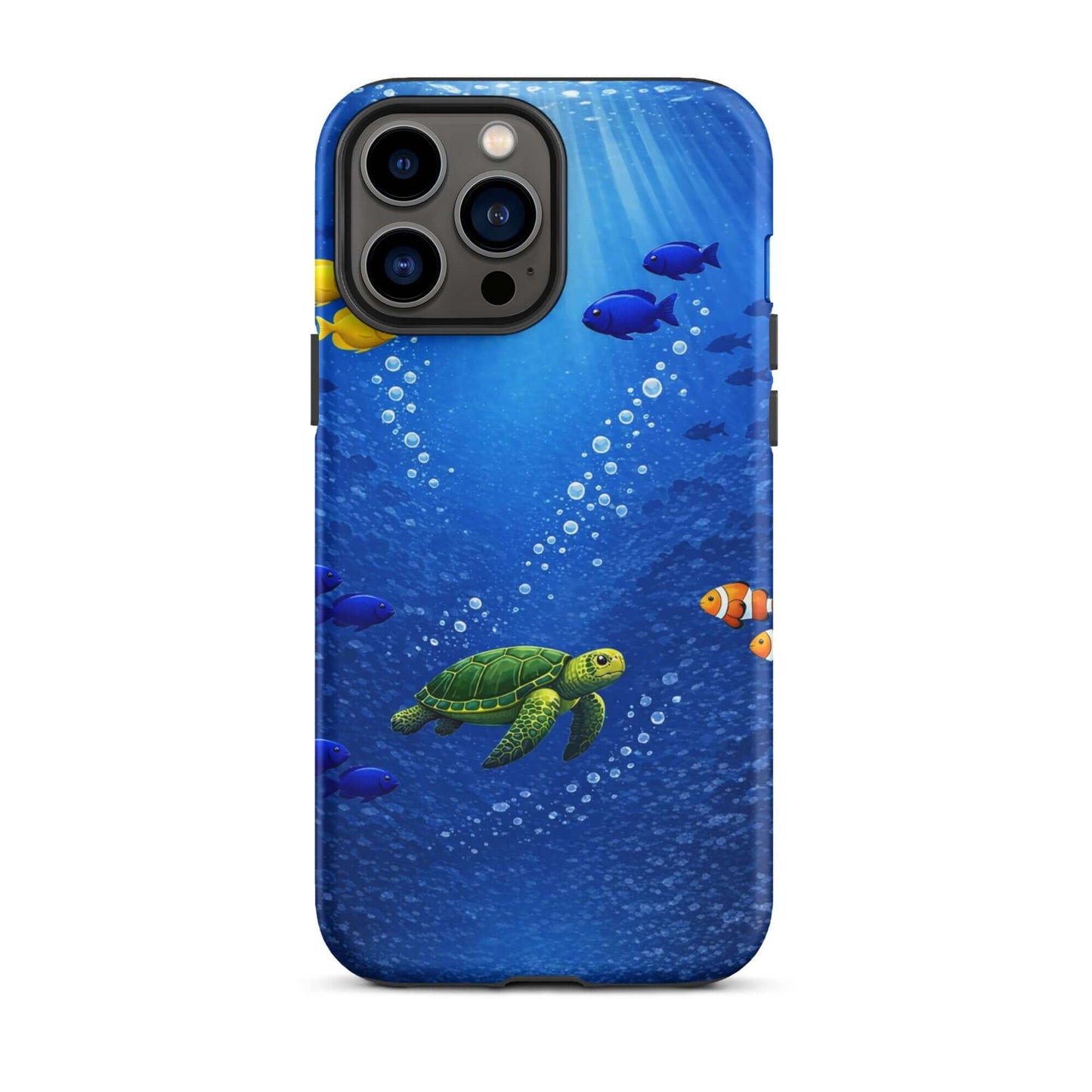 Phone Case featuring a sea turtle design swimming in deep blue water with tropical fish.