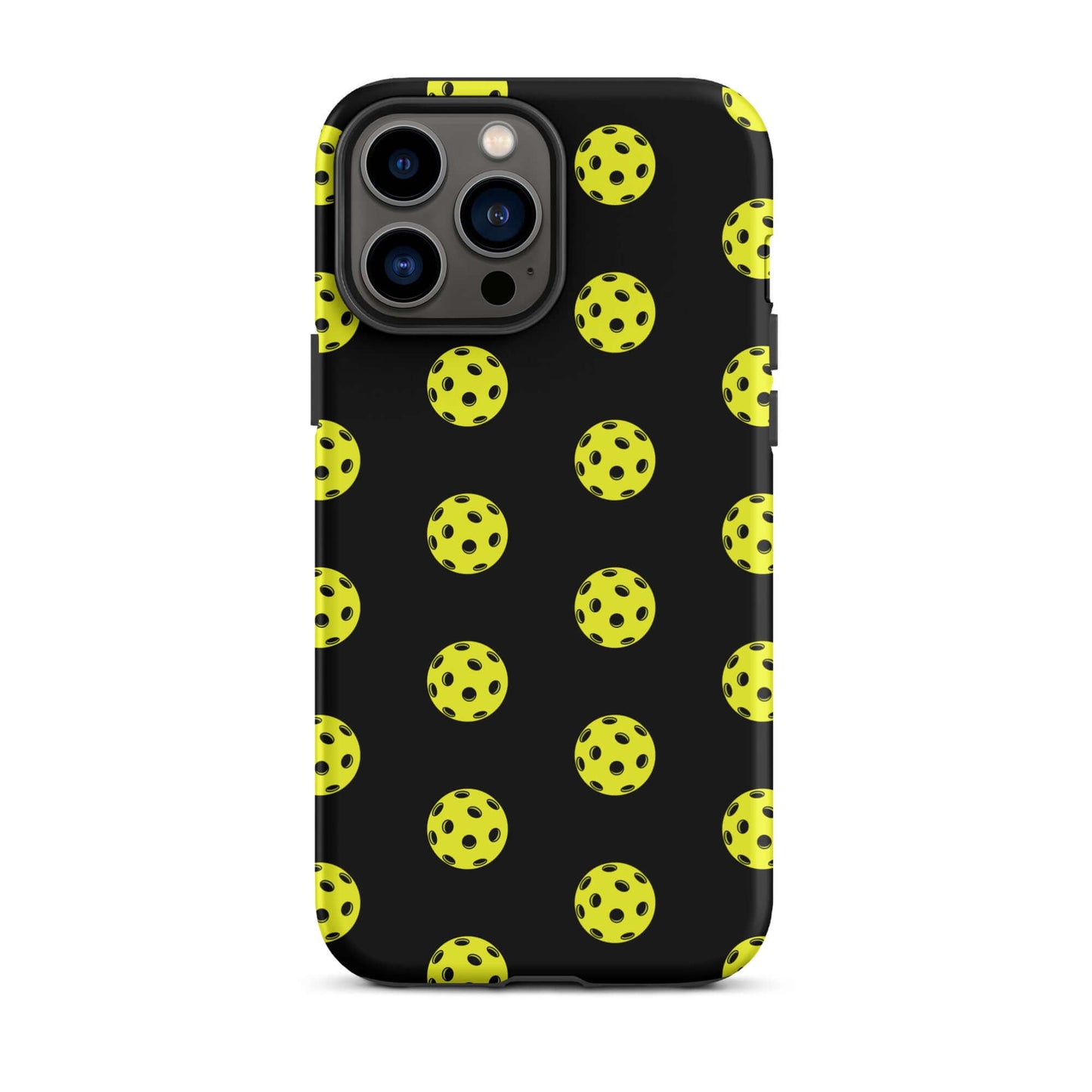 Phone Case featuring a bold pickleball pattern on a black background, perfect for sports enthusiasts.