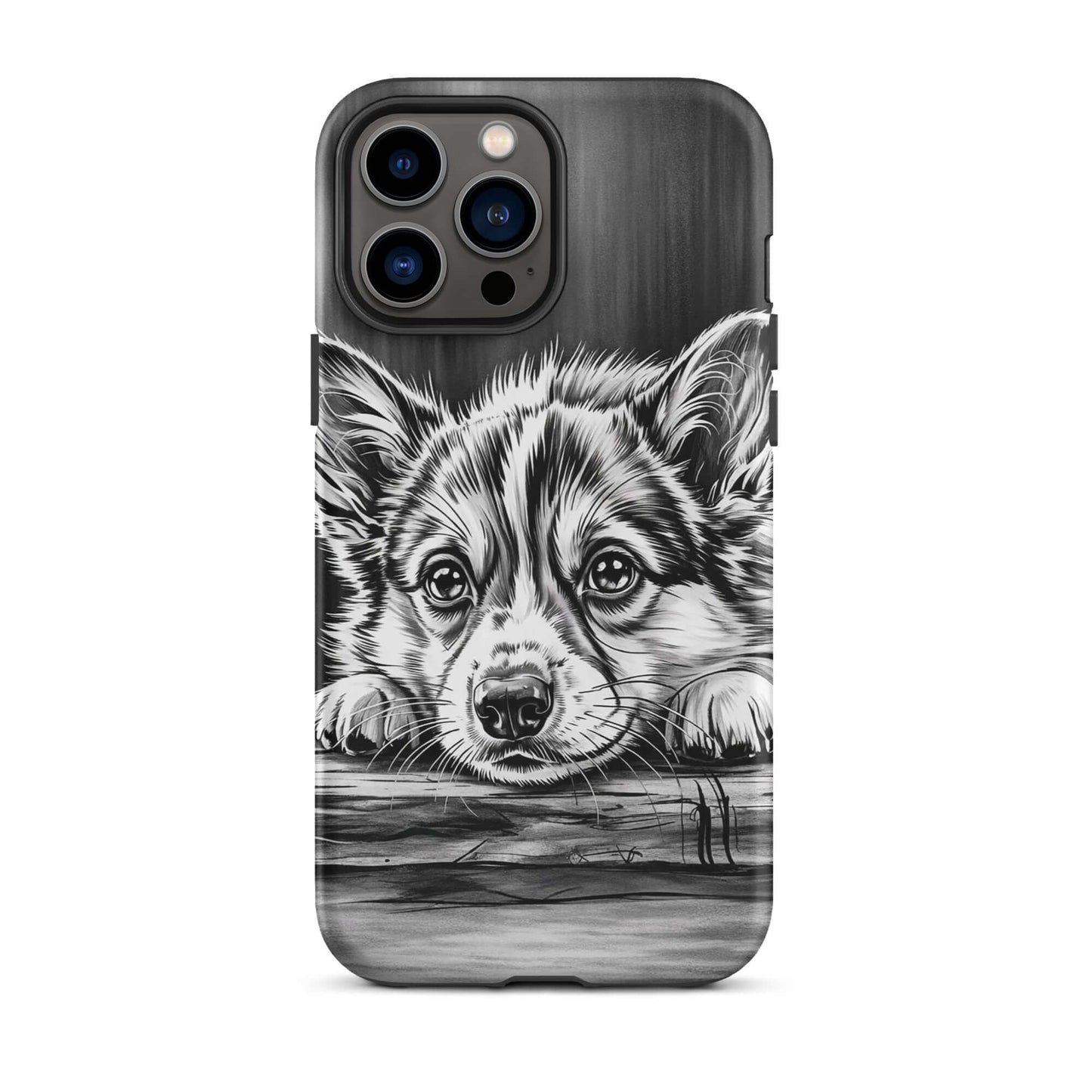 Phone Case for iPhone with elegant puppy art and premium protection, featuring a black-and-white illustration of a puppy on wood background.