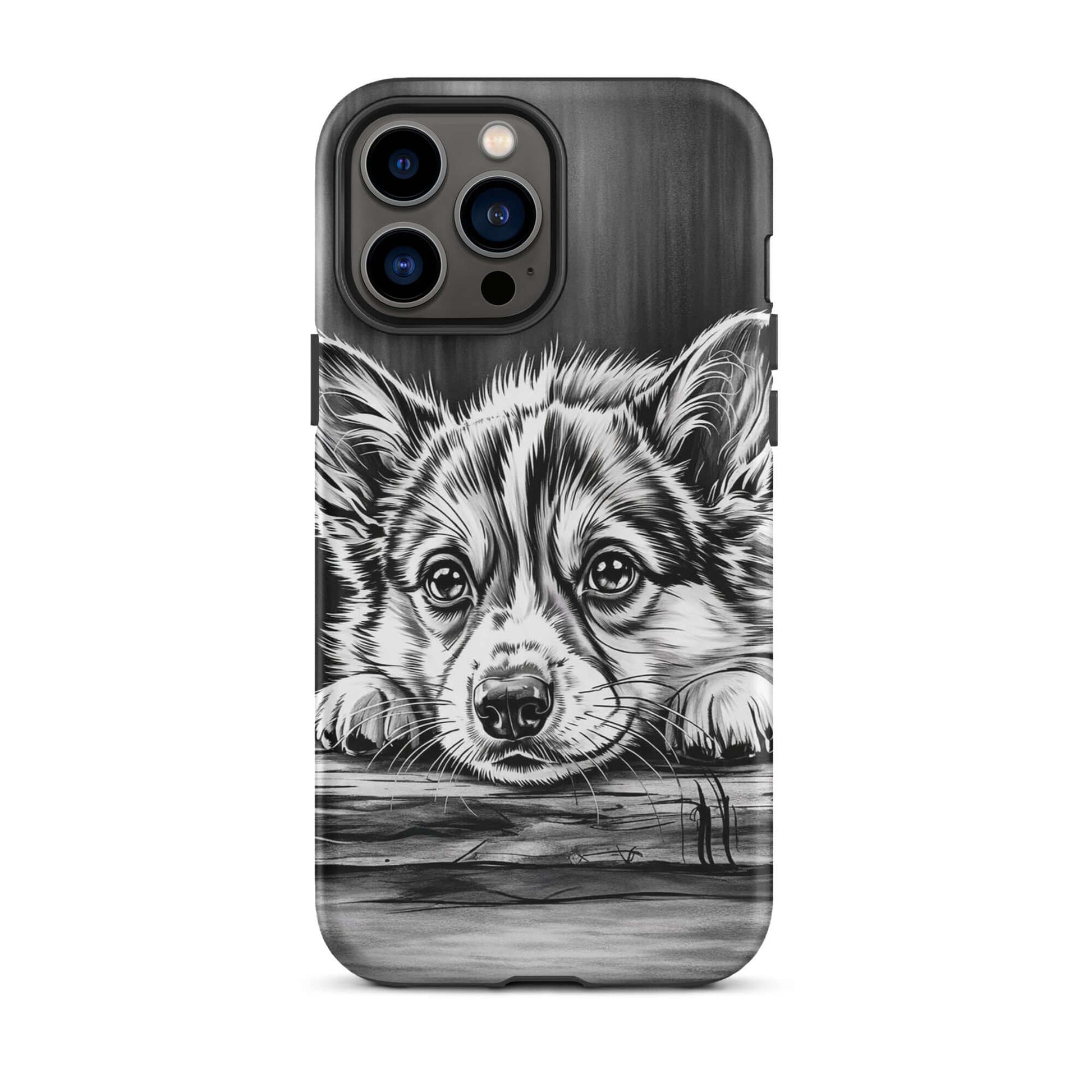 Phone Case for iPhone with elegant puppy art and premium protection, featuring a black-and-white illustration of a puppy on wood background.